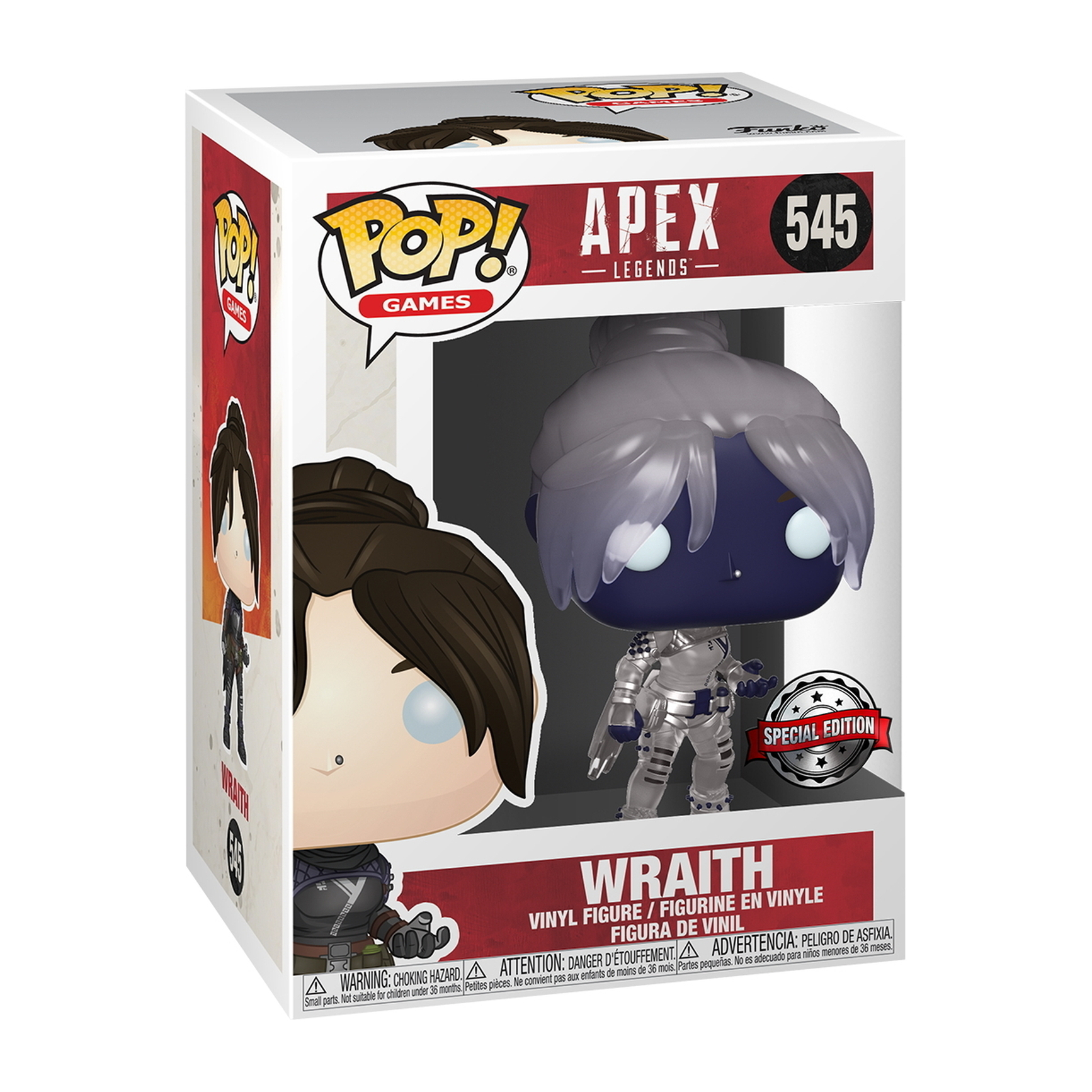 Wraith Funko Pop Figur in einer Box. Die Figur ist eine dunkelhäutige Frau in einem silbernen Outfit. Die Box ist rot und weiß.
