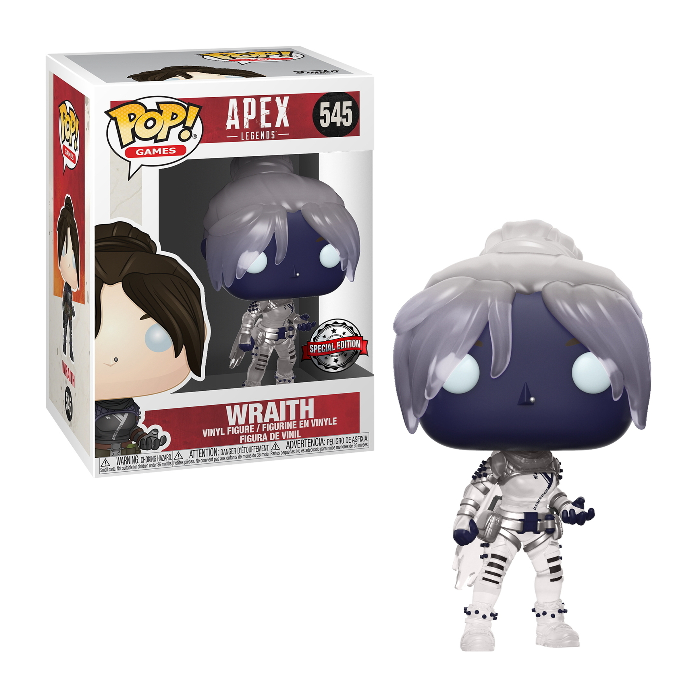 Wraith von Apex Legends Funko Pop Figur, mit einer Box von ihr links.