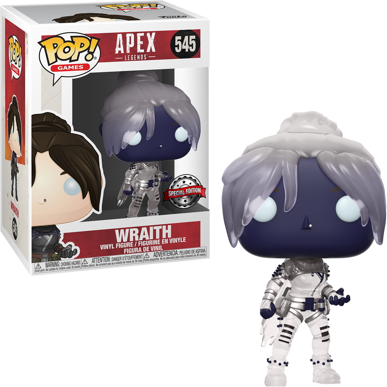 Wraith von Apex Legends Funko Pop Figur mit Box, trägt Weiß.