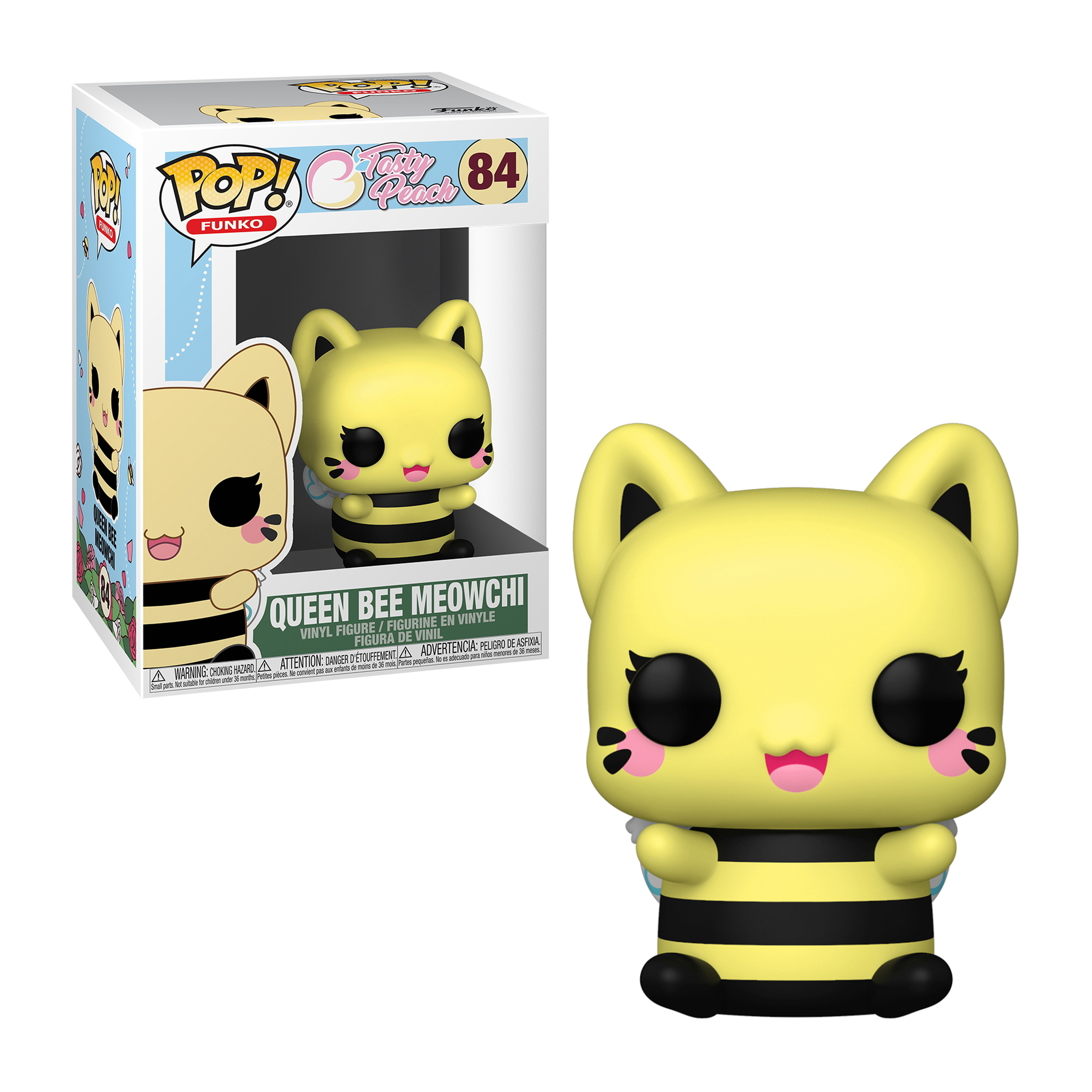 Queen Bee Meowchi-Figur, gelb und schwarz, mit Katzenohren und Box-Art.