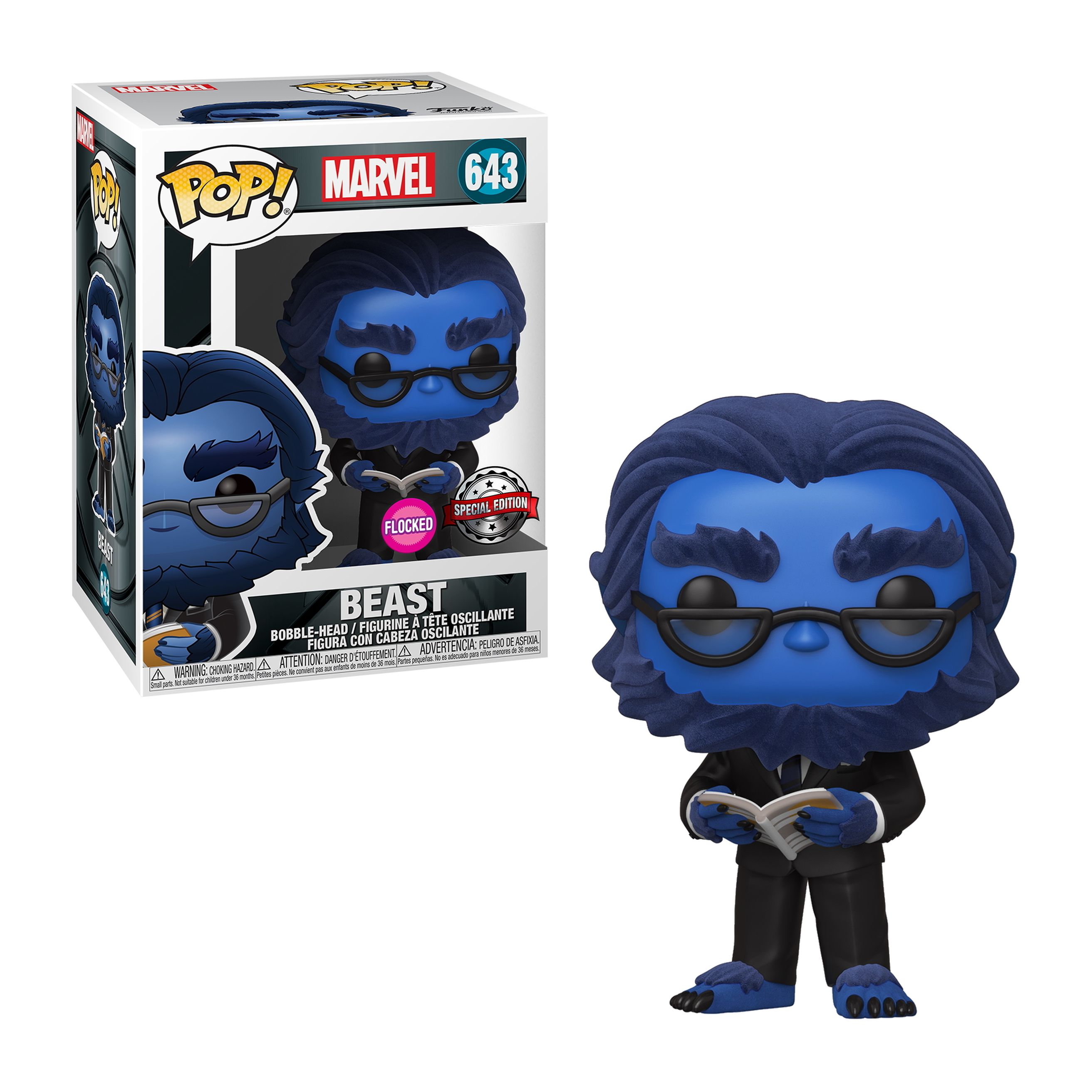 Funko Pop von Beast von Marvel, blaue Haare, Brille, hält ein Buch, trägt einen schwarzen Anzug.