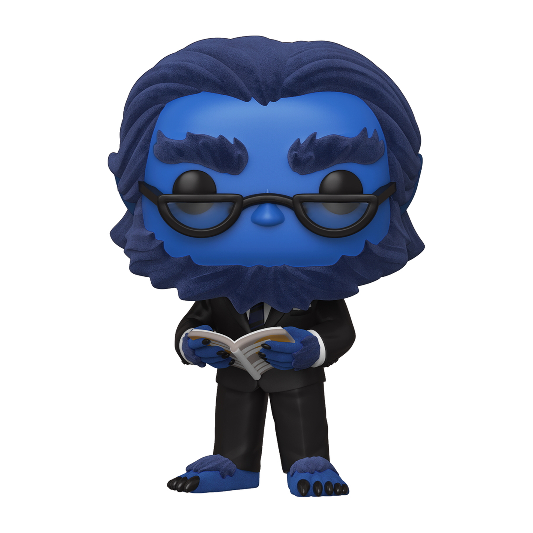 Bestie Funko Pop Figur mit blauem Fell, Brille und Anzug, hält ein Buch. Eingepackt.