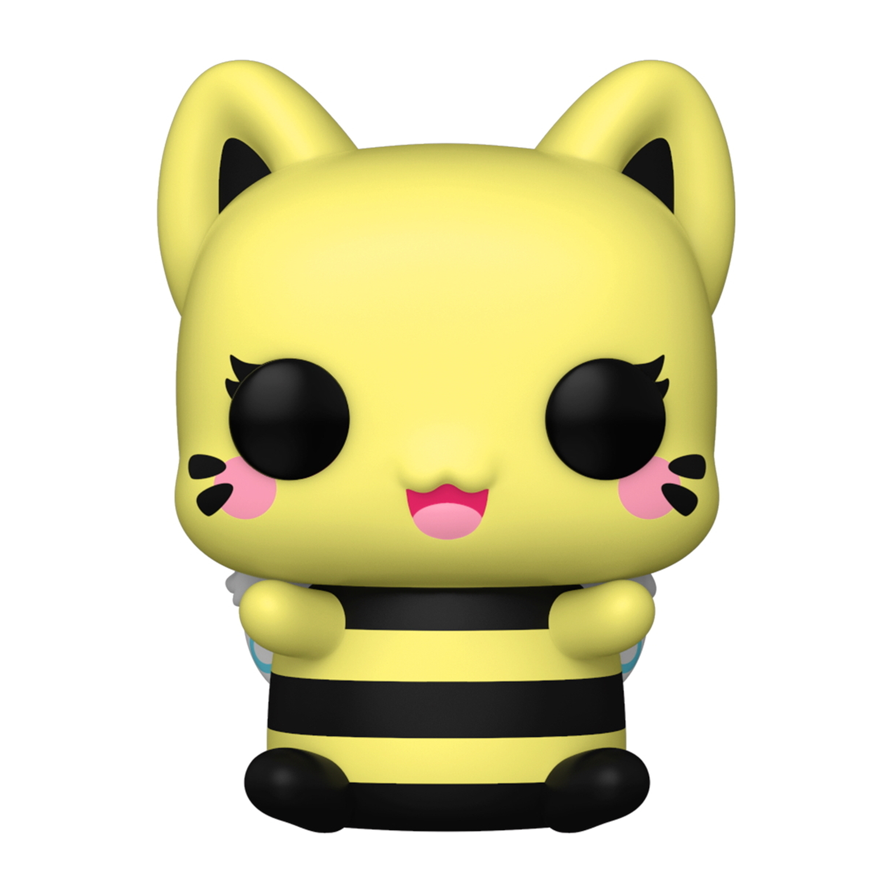 Gelbe Katze-Biene Funko Pop Figur mit schwarzen Streifen und Flügeln, rosa Wangen und großen Augen.