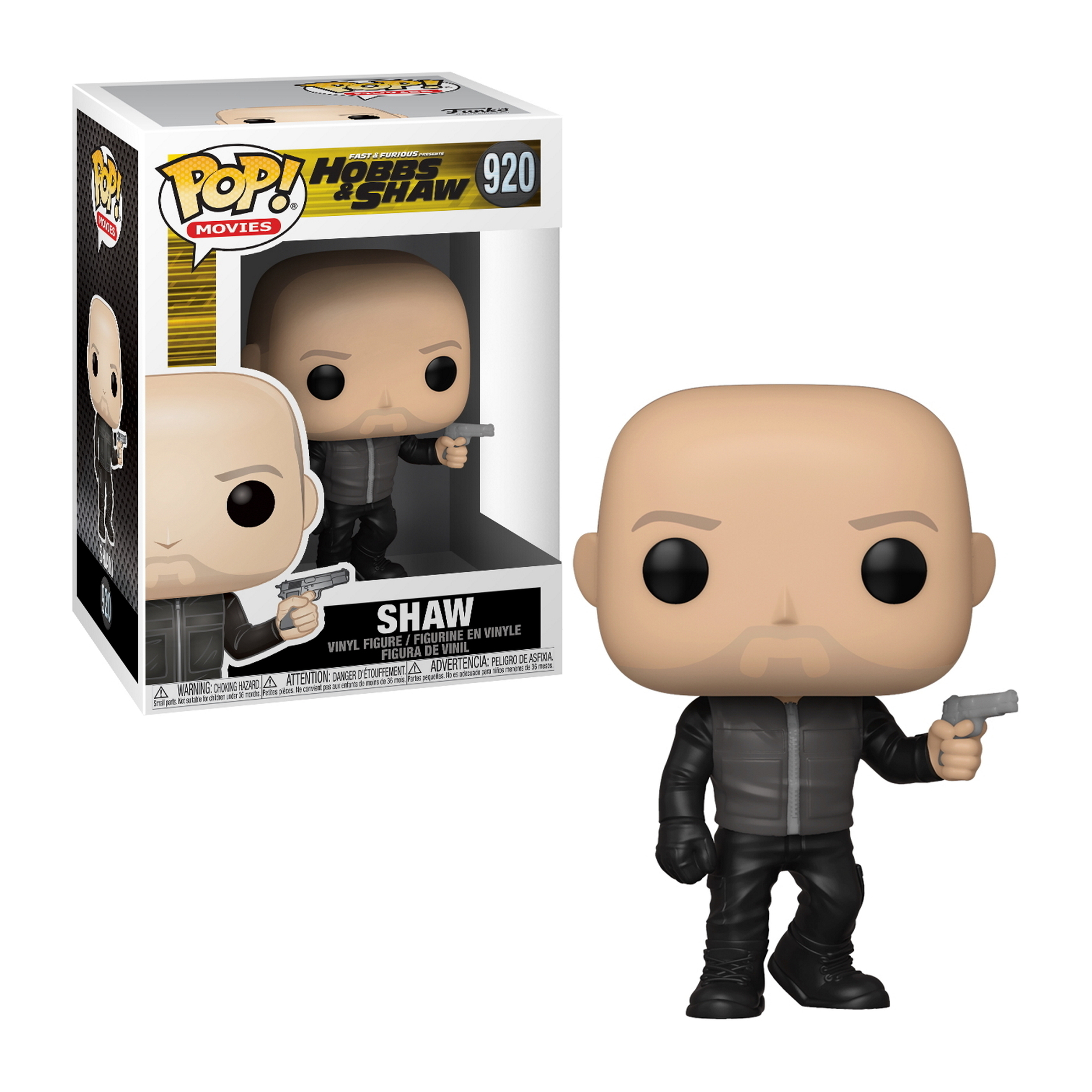 Shaw Figur mit einer Pistole. Die Box zeigt die Figur. Die Figur stammt aus dem Film Hobbs & Shaw.