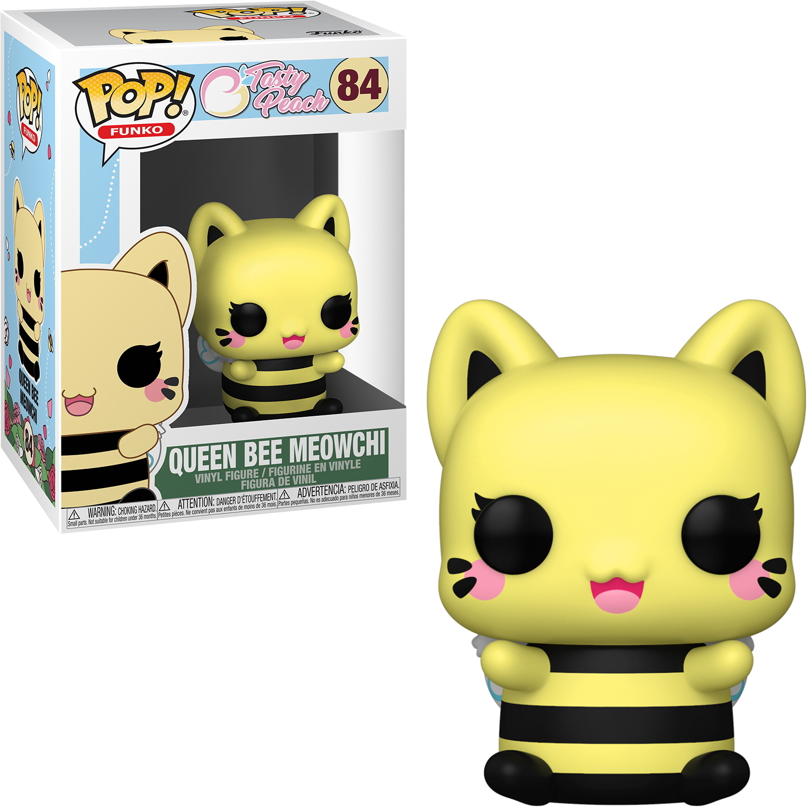 Funko Pop Figur von Queen Bee Meowchi, gelb mit schwarzen Streifen und einem katzenartigen Gesicht.