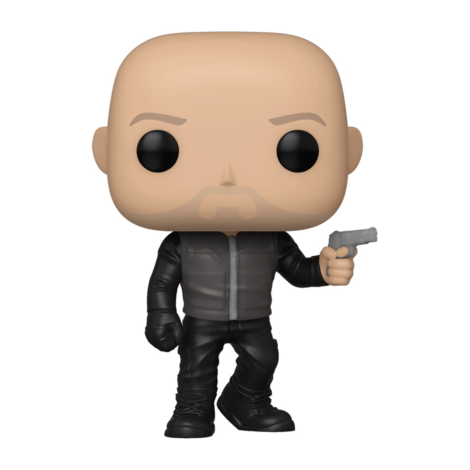 Mann hält eine Pistole, Glatze, schwarze Kleidung, kleiner Schnurrbart. Funko Pop Figur.