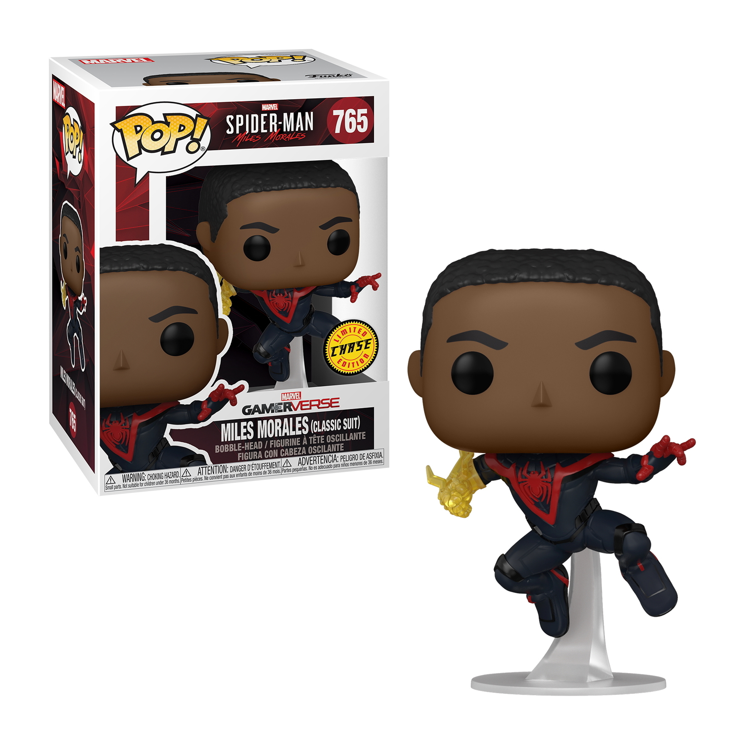 Miles Morales Spider-Man Figur in und aus der Box. Schwarzer und roter Anzug, gelbe Energie.