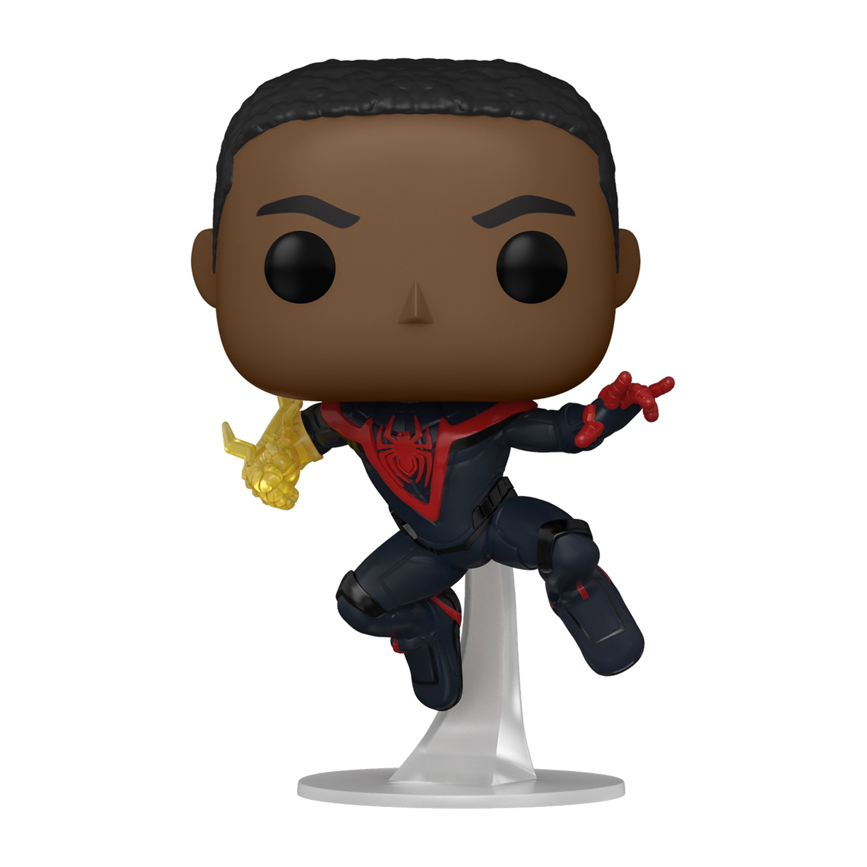 Miles Morales Spider-Man Figur in dynamischer Pose. Er hat einen schwarz-roten Anzug und einen transparenten Ständer.