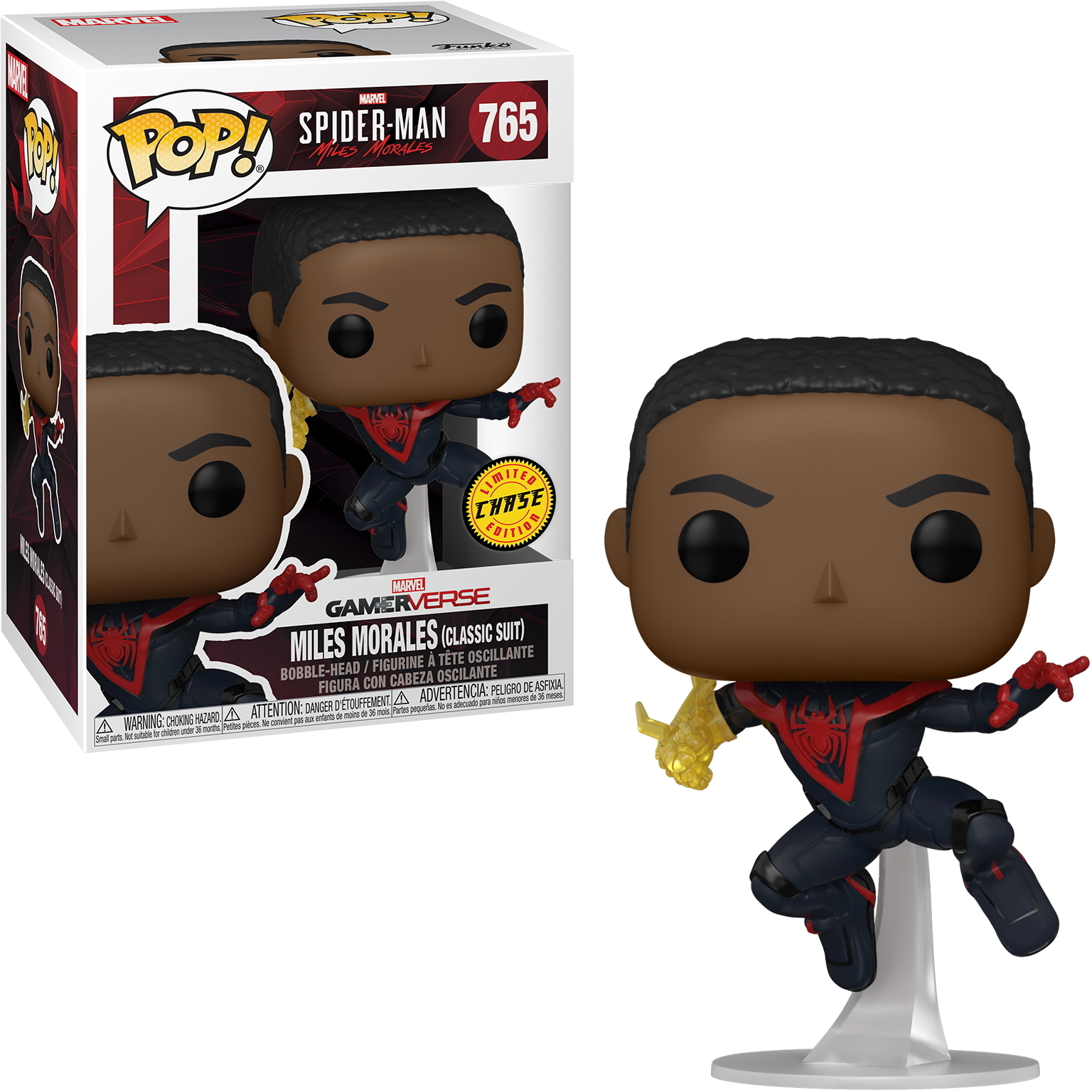 Spider-Man Miles Morales Figur in schwarz-rotem Anzug, posiert auf einem Ständer, hält gelbes Objekt.