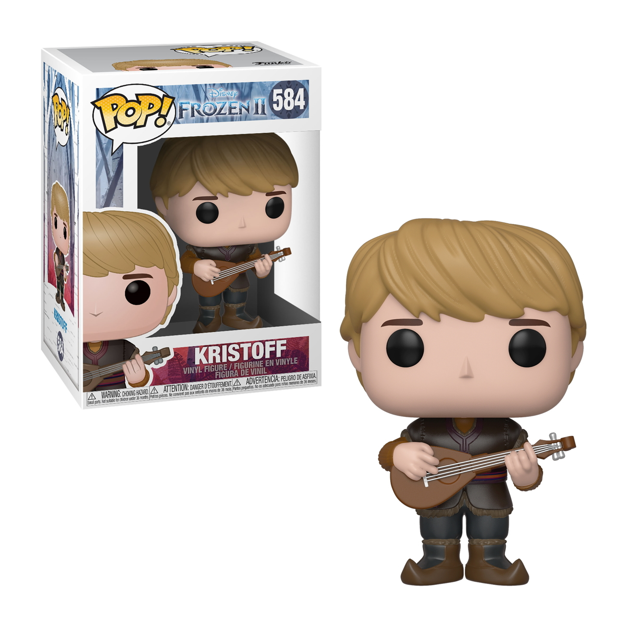 Kristoff aus Frozen, hält eine Laute, blondes Haar, trägt einen braunen Mantel und Stiefel, mit einer Box hinten.