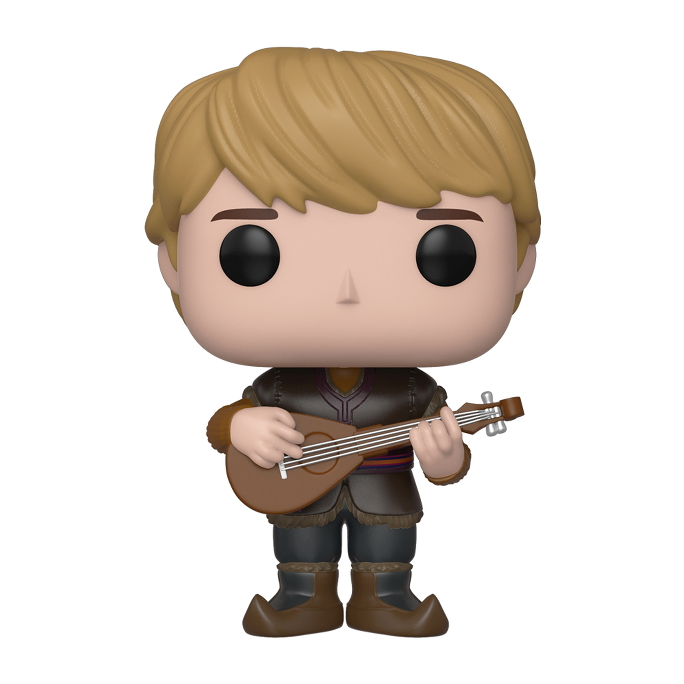 Kristoff Figur, die eine Laute spielt. Blondes Haar, trägt ein braunes und lila Outfit. Stehende Pose.