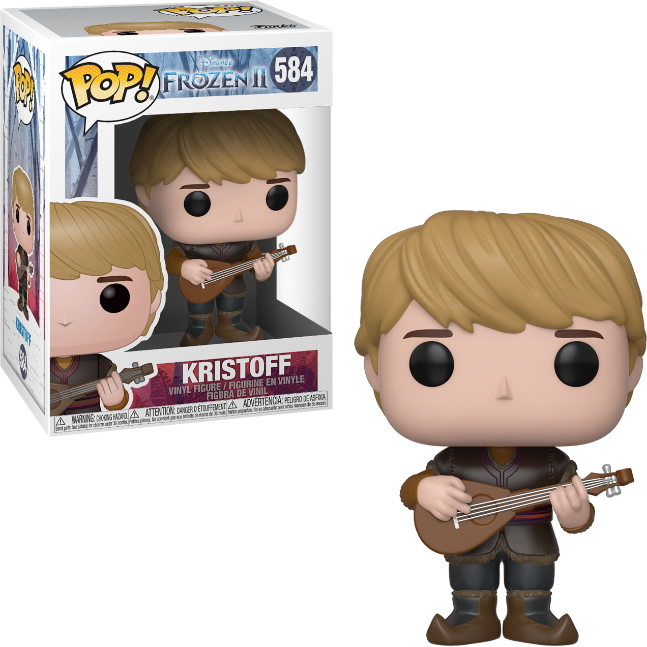 Kristoff-Figur mit brauner Laute. Er hat braune Haare und trägt ein braunes Outfit. Box: 'Kristoff, Vinylfigur'.