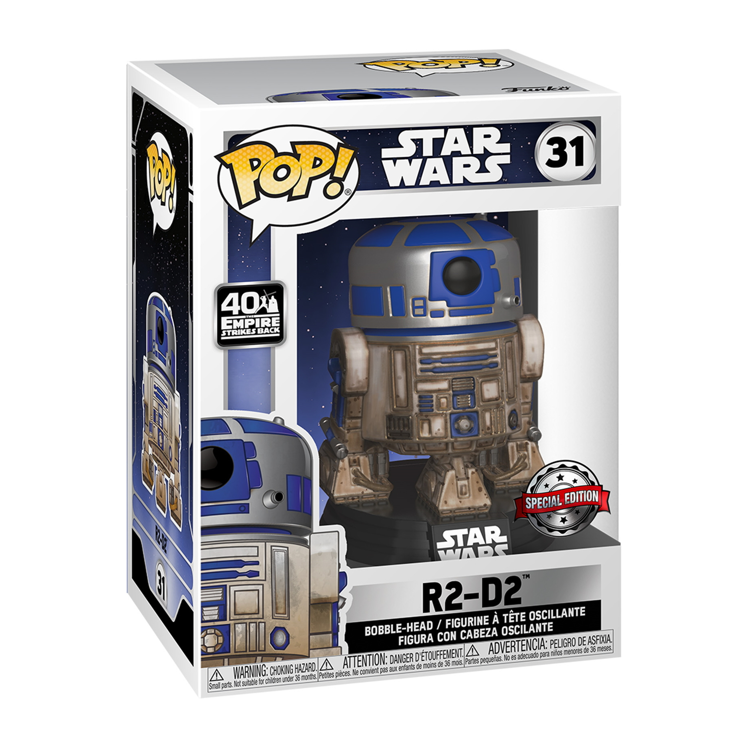R2-D2 Vinylfigur in einer Box. Es ist eine Star Wars Sonderausgabe.
