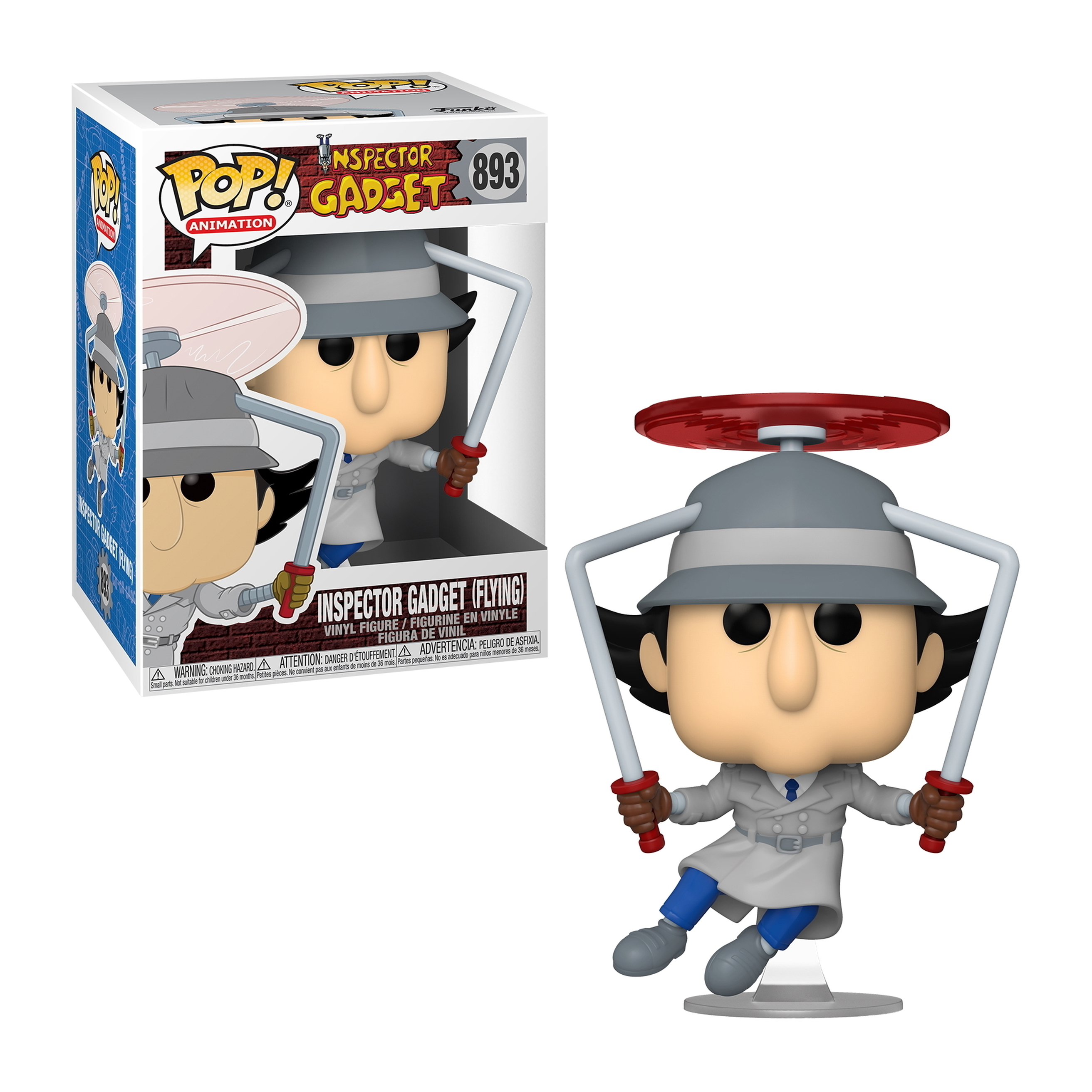 Inspector Gadget fliegende Funko Pop Figur, mit einer Box von ihm links.