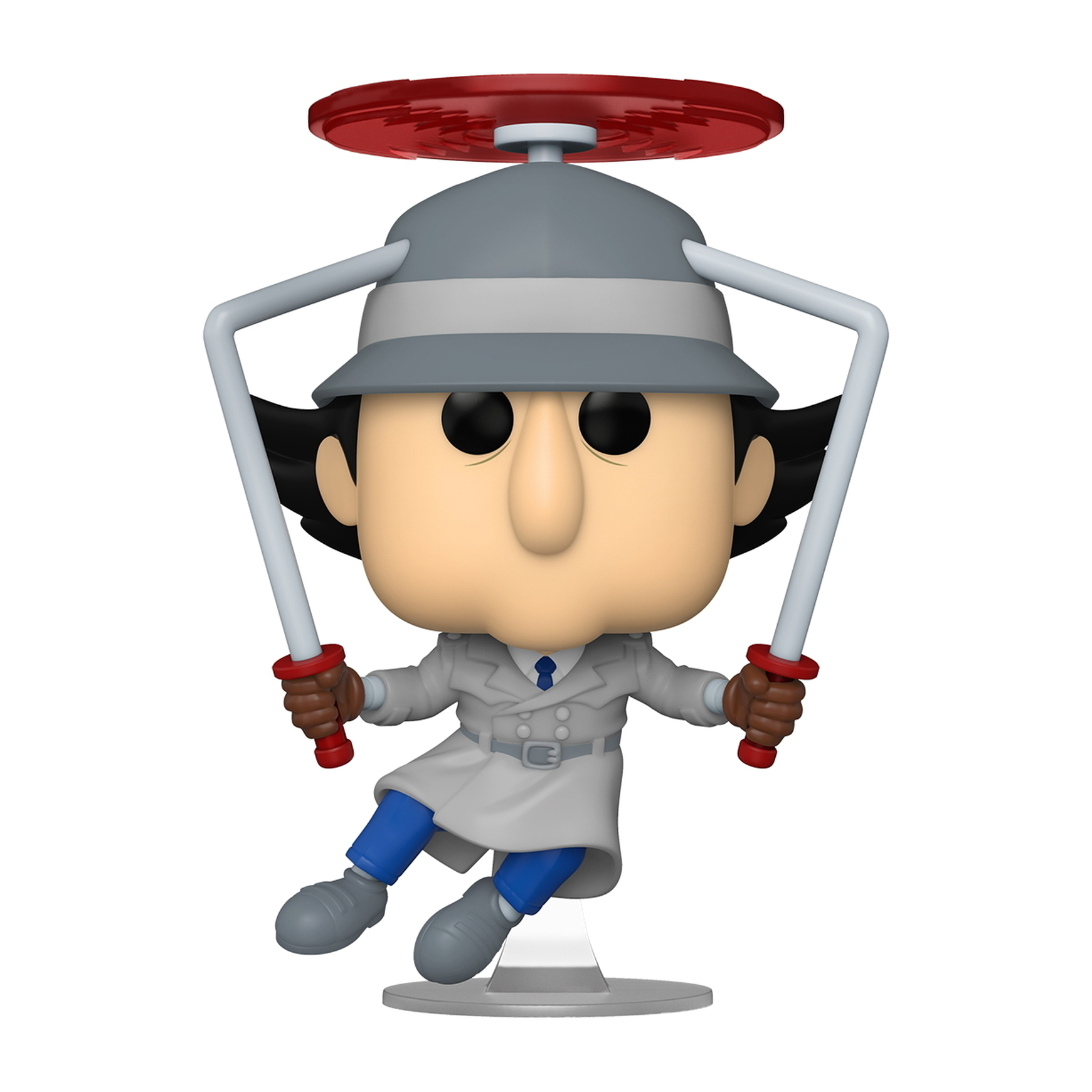 Inspector Gadget Funko POP Figur mit Helikopterkopf und Armen. Grau und blau.