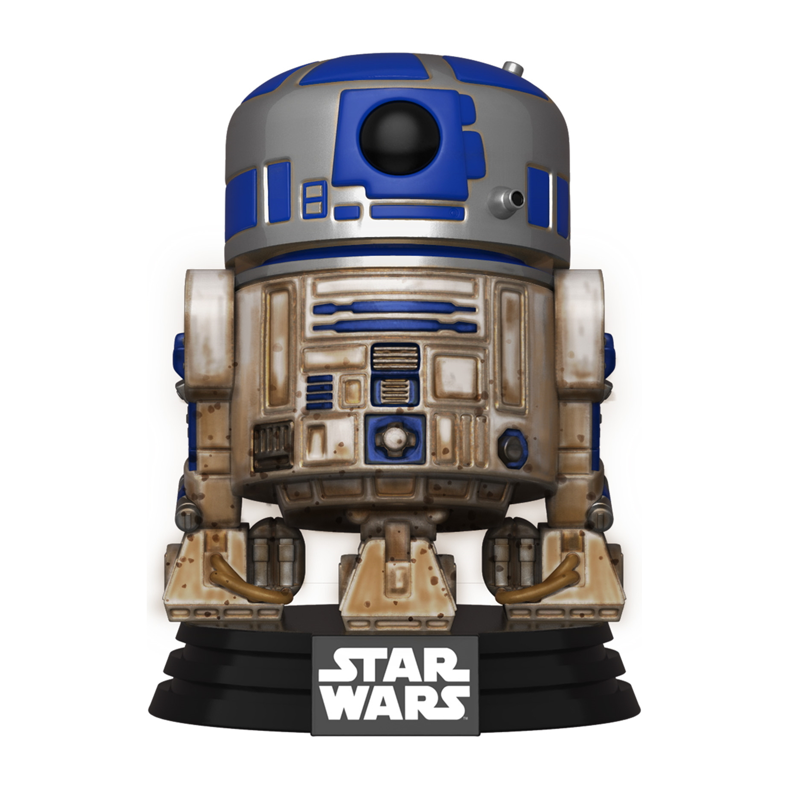 R2-D2 Star Wars Funko Pop, blaue, silberne und weiße Roboterfigur auf schwarzem Sockel.