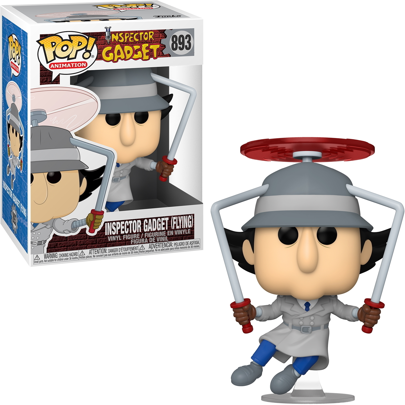Inspector Gadget Funko Pop Figur, mit einem Helikopter, hält ein Werkzeug, trägt einen grauen Mantel. Eingepackt.