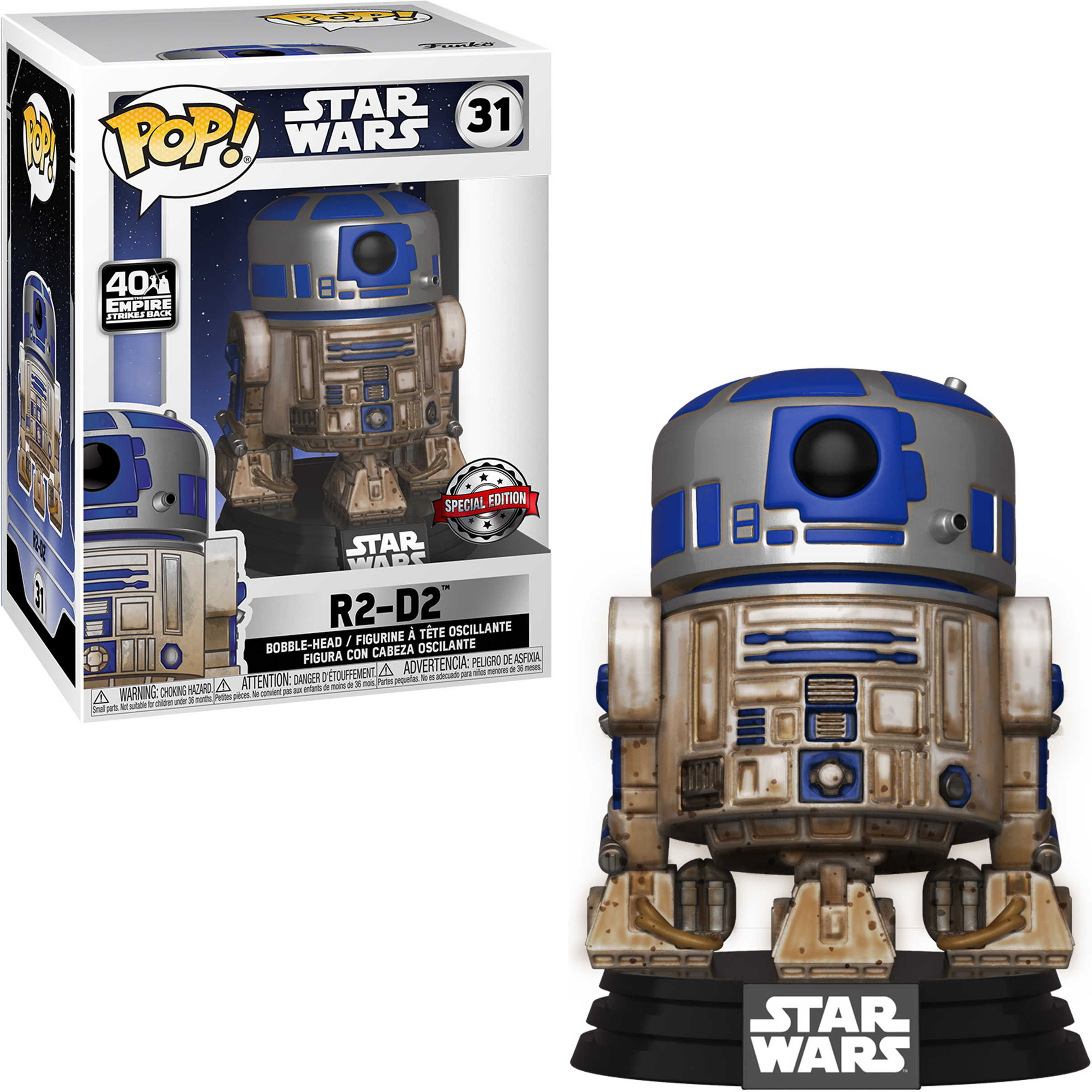 R2-D2 Funko Pop Figur in einer Box. Silberner und blauer Droide mit Star Wars Logo.