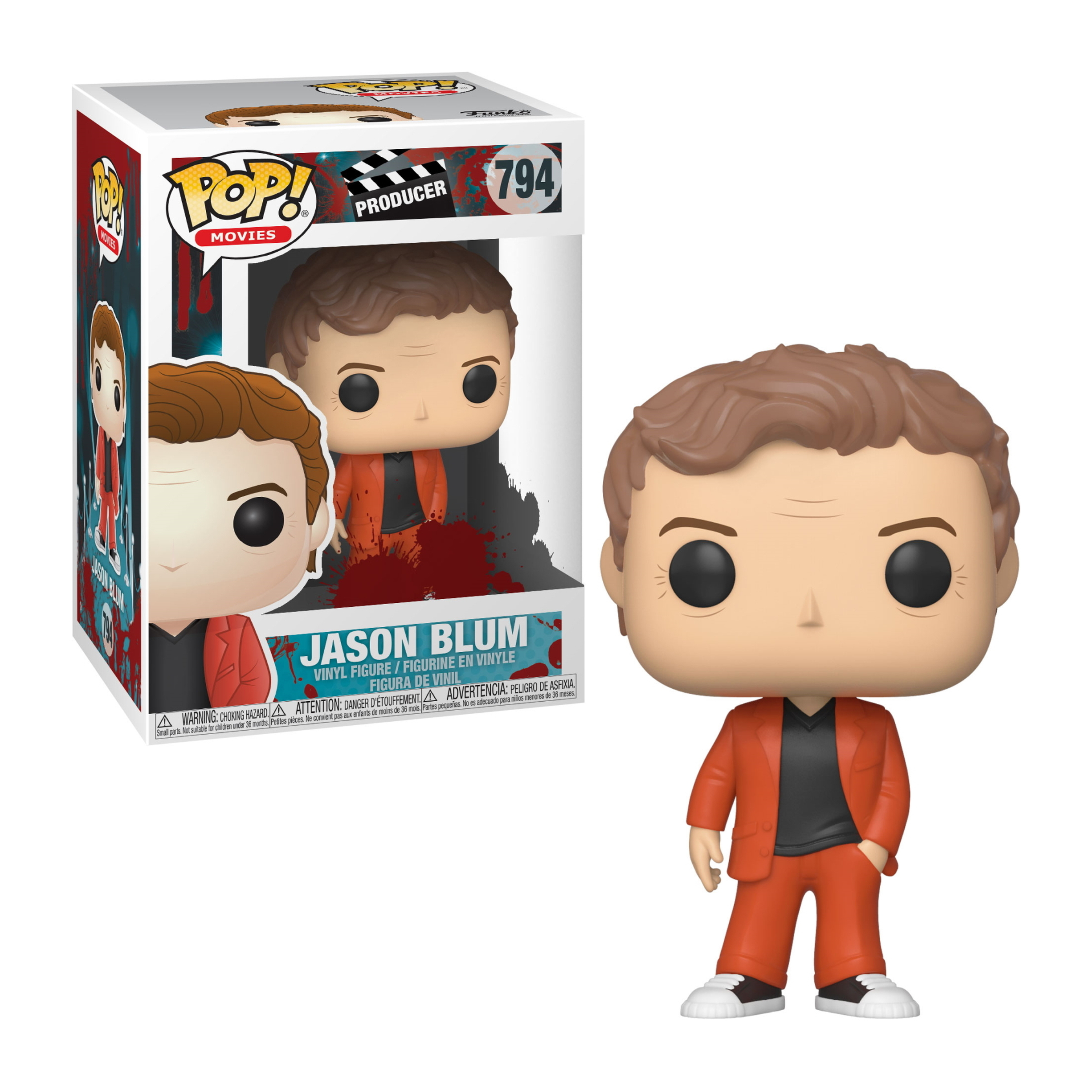 Figurka Funko Pop Jasona Bluma w pomarańczowym garniturze, czarnej koszuli, białych butach.