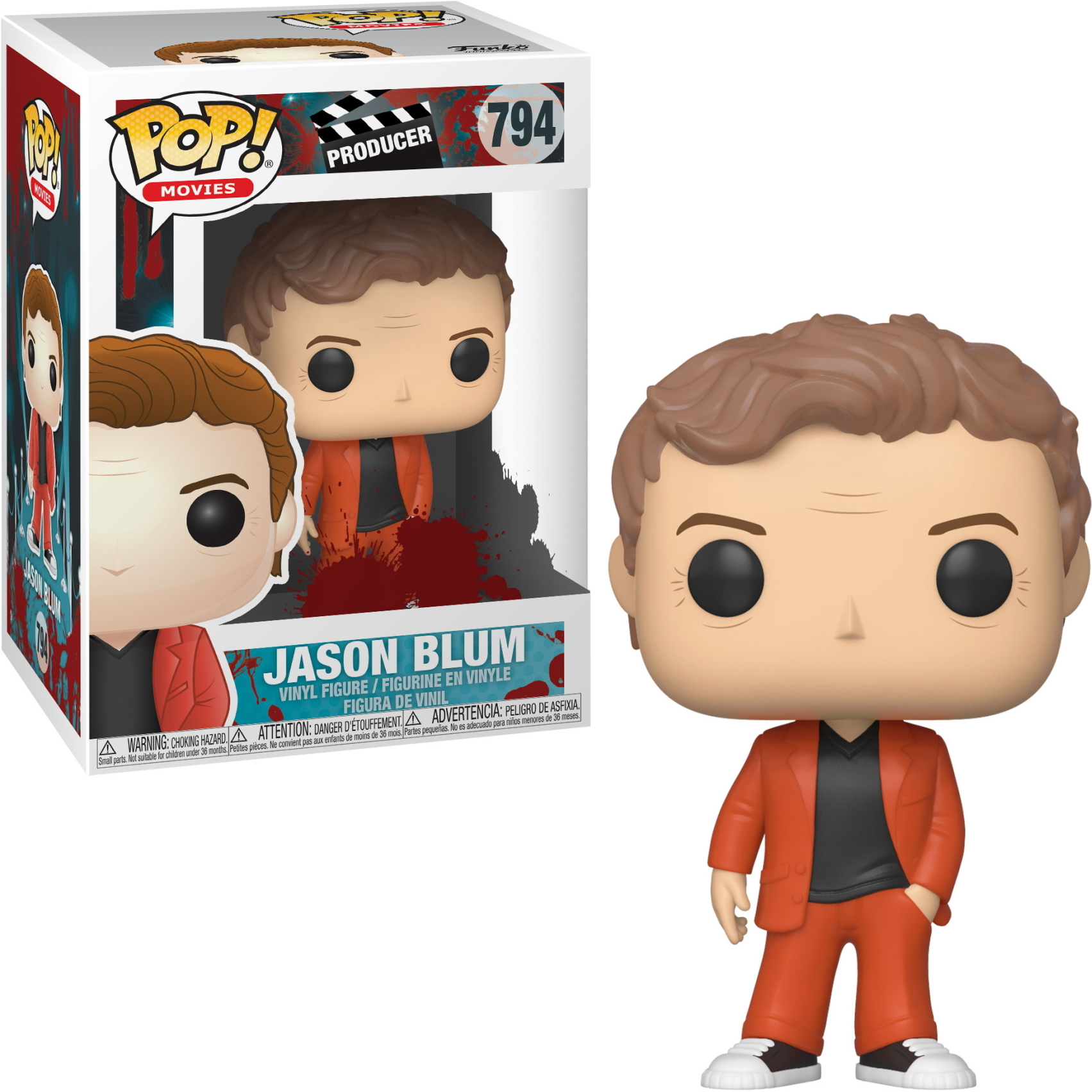 Figurka Funko Pop Jasona Bluma z filmu, w pomarańczowym garniturze.
