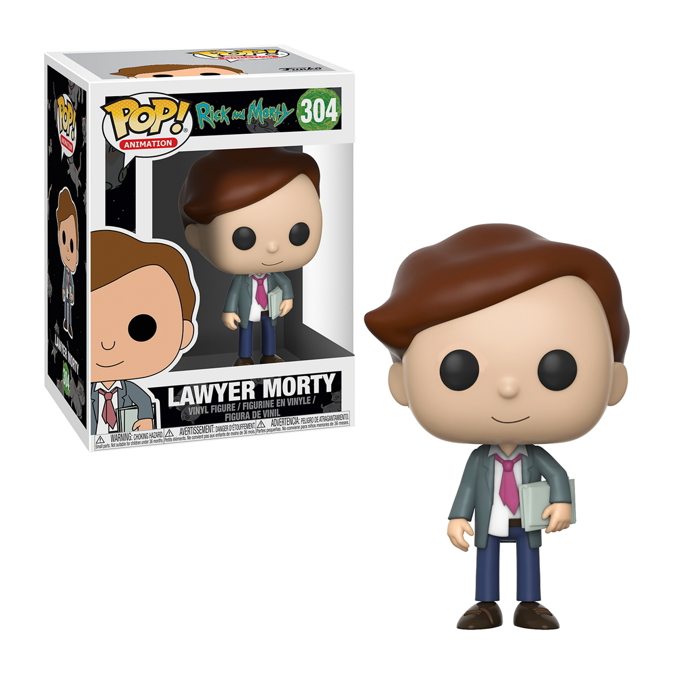 Lawyer Morty Funko Pop Figur mit einem Buch und einer Box mit der Figur.
