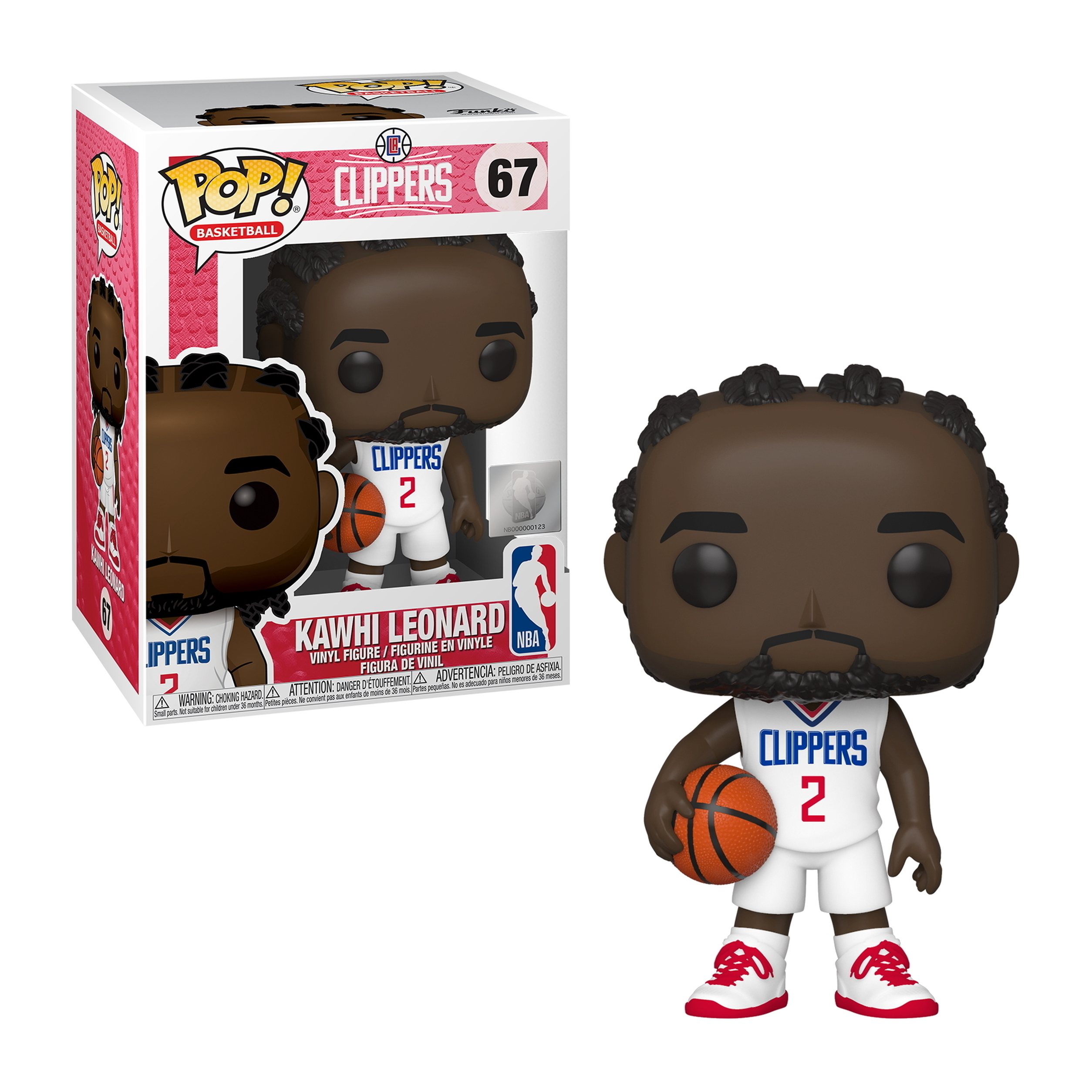 Kawhi Leonard Funko Pop Figur. Clippers-Uniform, hält Basketball, mit Box und Logo.