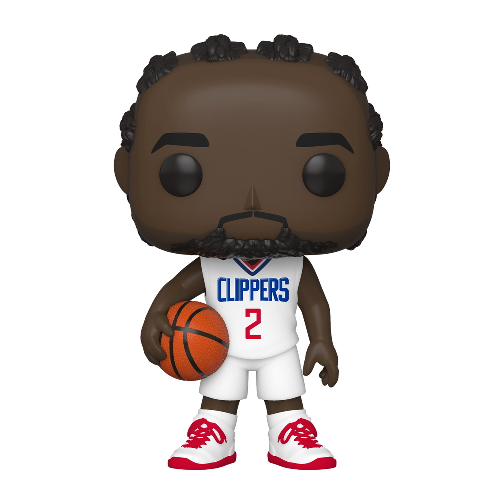 Kawhi Leonard-Figur, trägt ein Clippers-Trikot, hält einen Basketball und Box-Art.