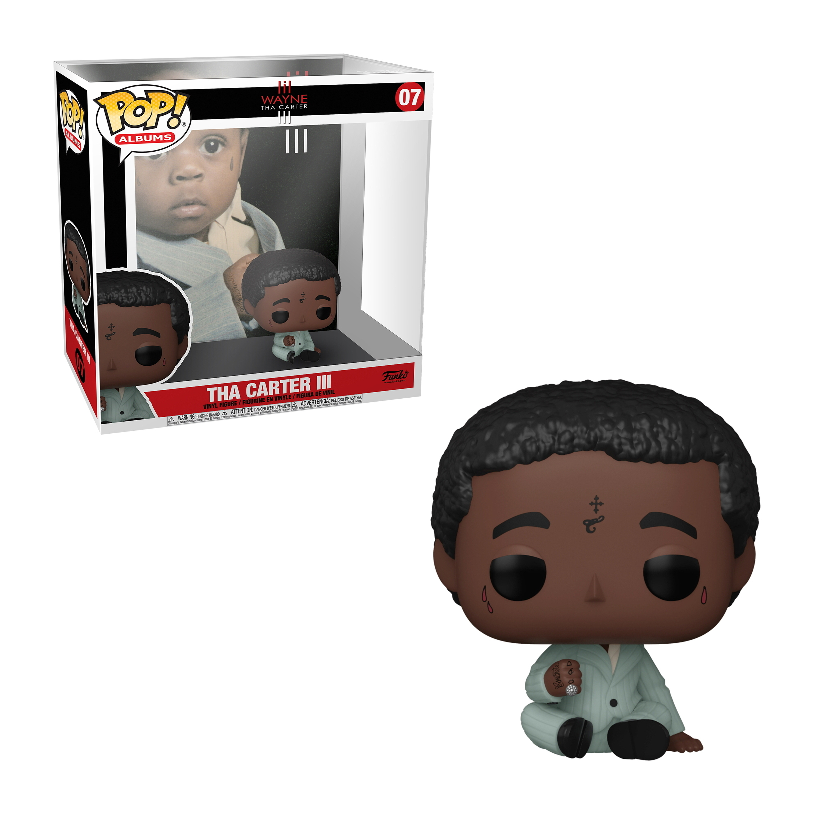 Lil Wayne Figur, sitzt in einem mintgrünen Anzug, mit einer Funko Pop Box im Hintergrund.