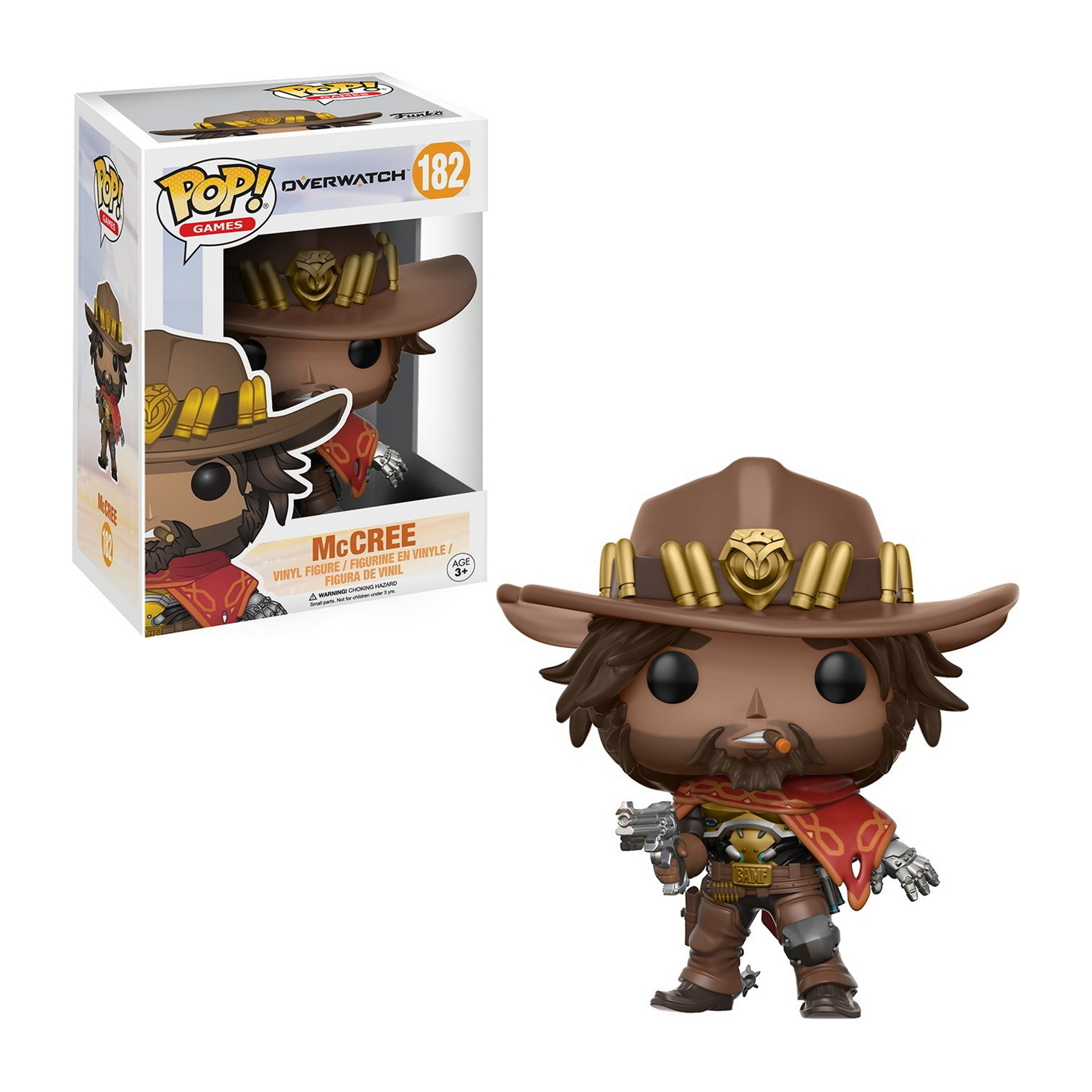 McCree Overwatch Funko Pop Figur mit Hut, hält Waffe und raucht Zigarre.