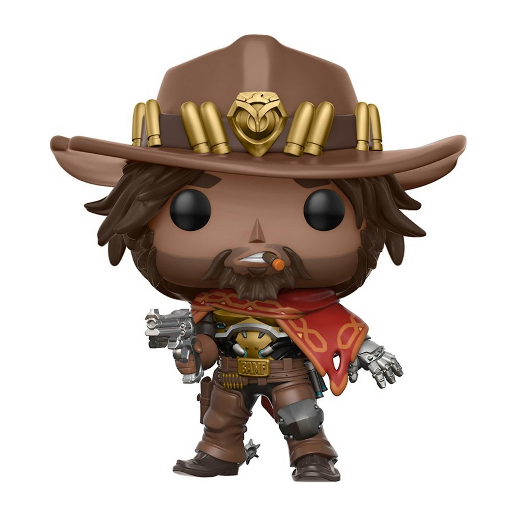 Overwatch McCree Funko Pop Figur. Er hält eine Waffe und trägt einen Hut, mit einem roten Schal.