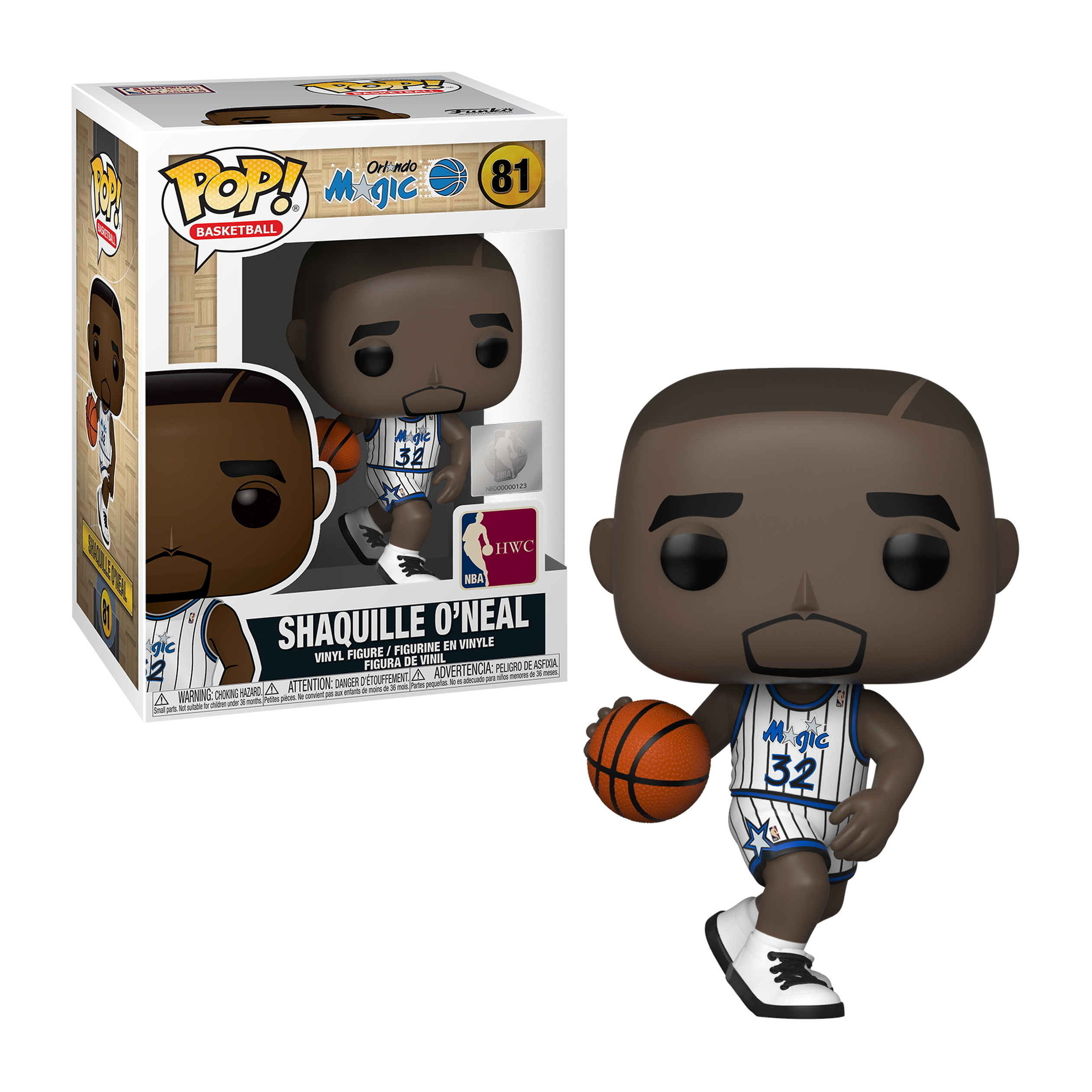 Shaquille O'Neal Funko Pop. Basketballspieler in einem Trikot, orangefarbener Ball. Box im Hintergrund.
