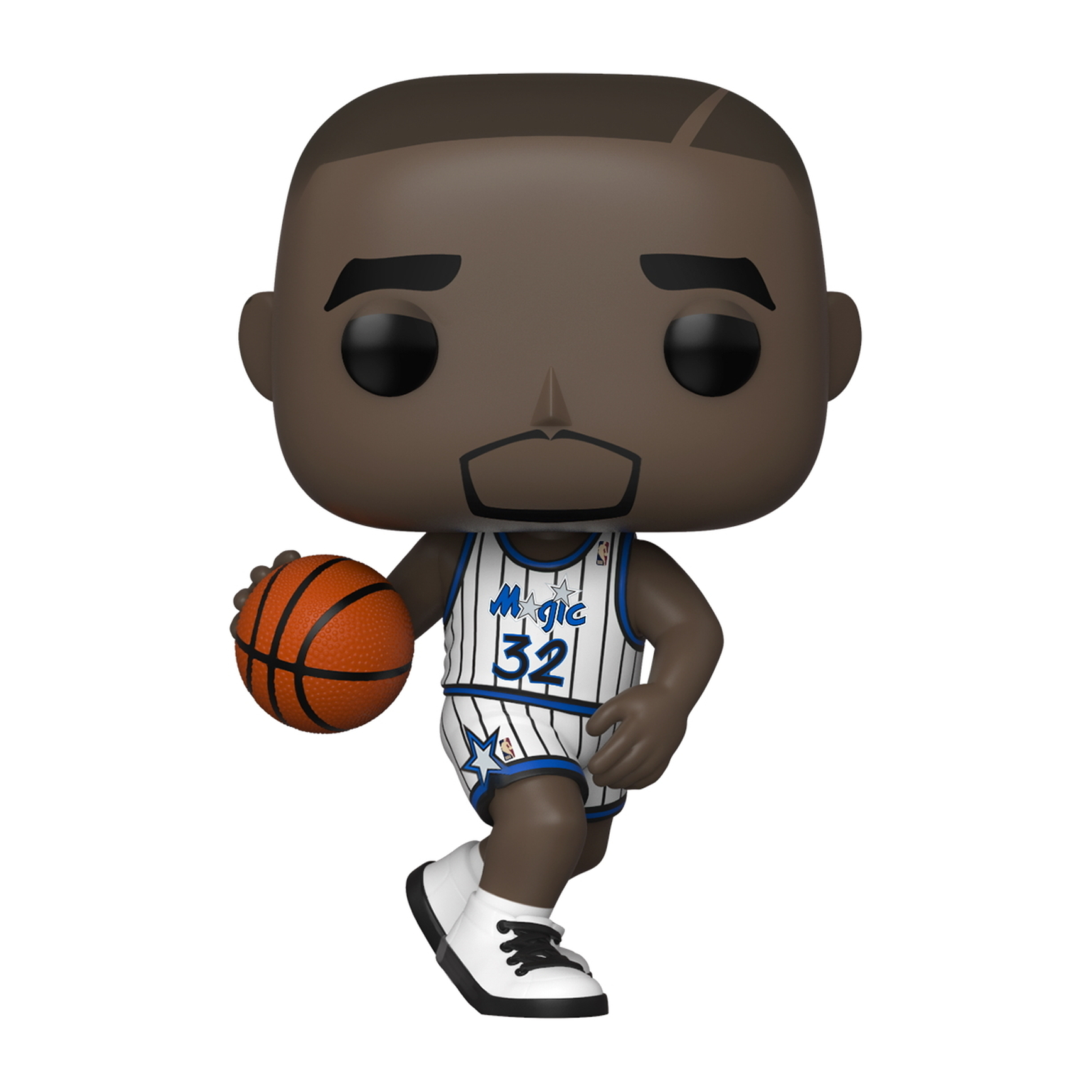 Shaquille O'Neal Funko Pop Figur in einem Magic-Basketball-Trikot, hält einen Basketball.