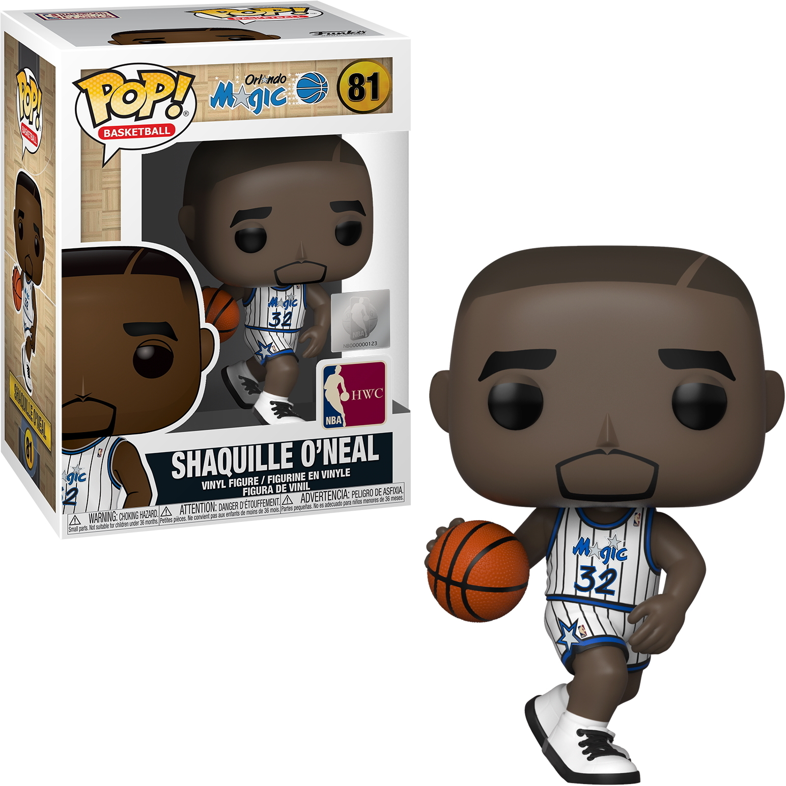 Shaquille O'Neal Figur in Orlando Magic-Trikot, hält Ball. Figur in Box.