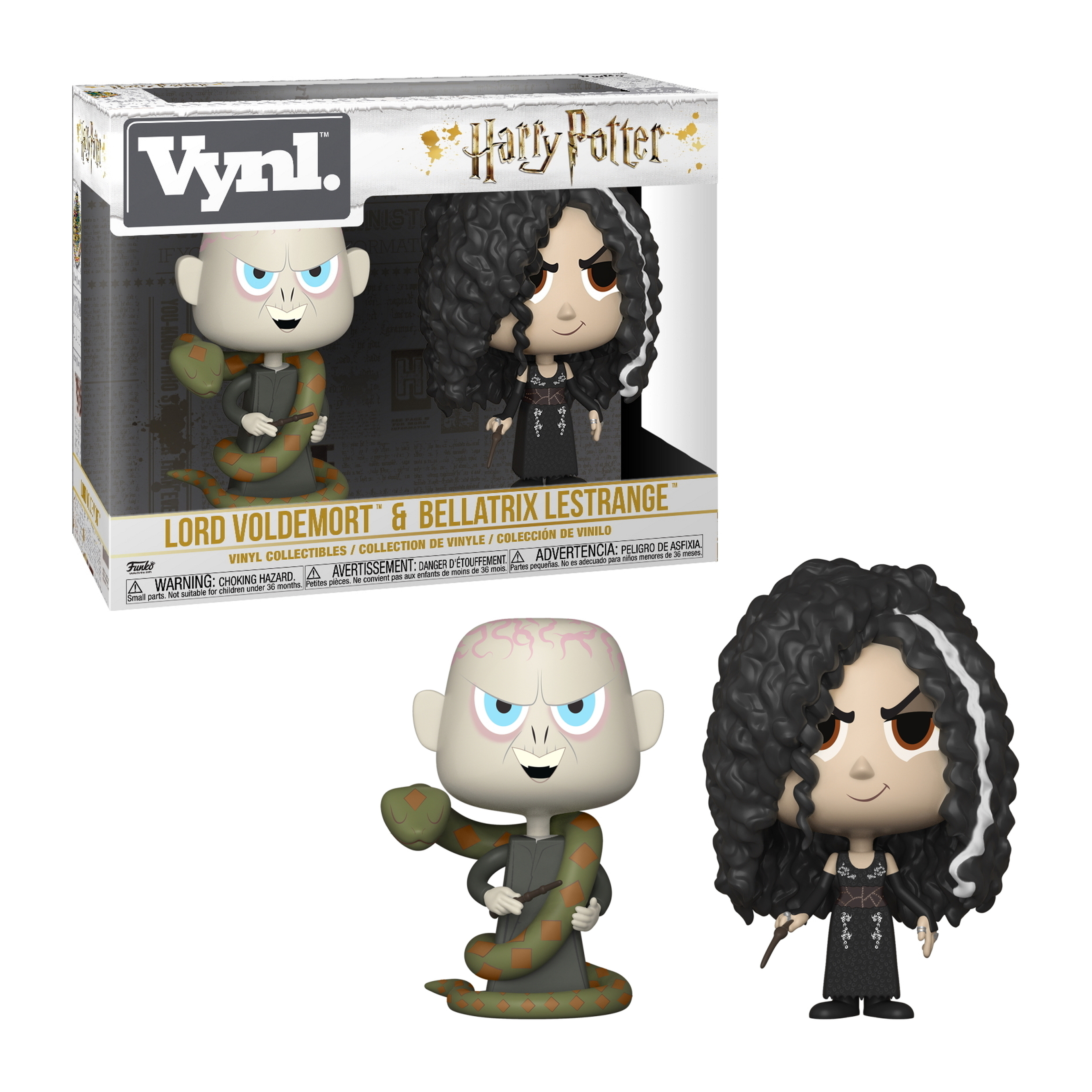 Funko Pop-Figuren von Lord Voldemort und Bellatrix Lestrange aus Harry Potter. Voldemort hält eine Schlange.