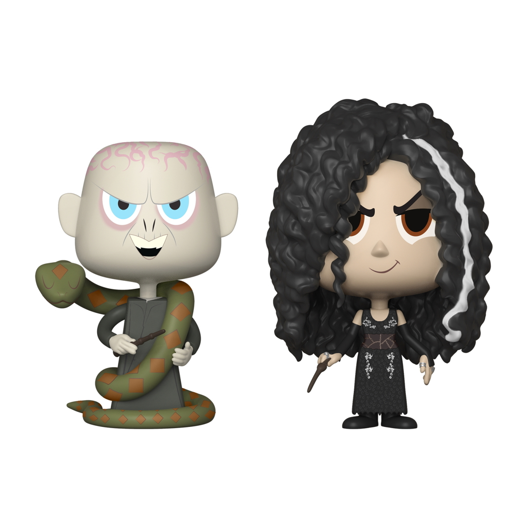 Zwei Funko Pop Figuren: Voldemort mit Schlange, Bellatrix mit Zauberstab. Weißer Hintergrund.