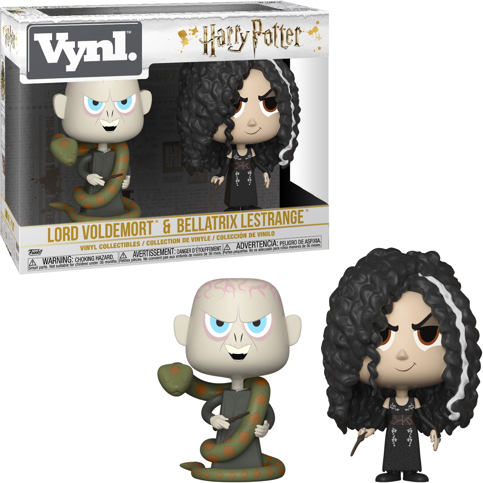 Lord Voldemort und Bellatrix Lestrange Funko Pop Figuren. Voldemort hat eine Schlange. Schwarzer Hintergrund.