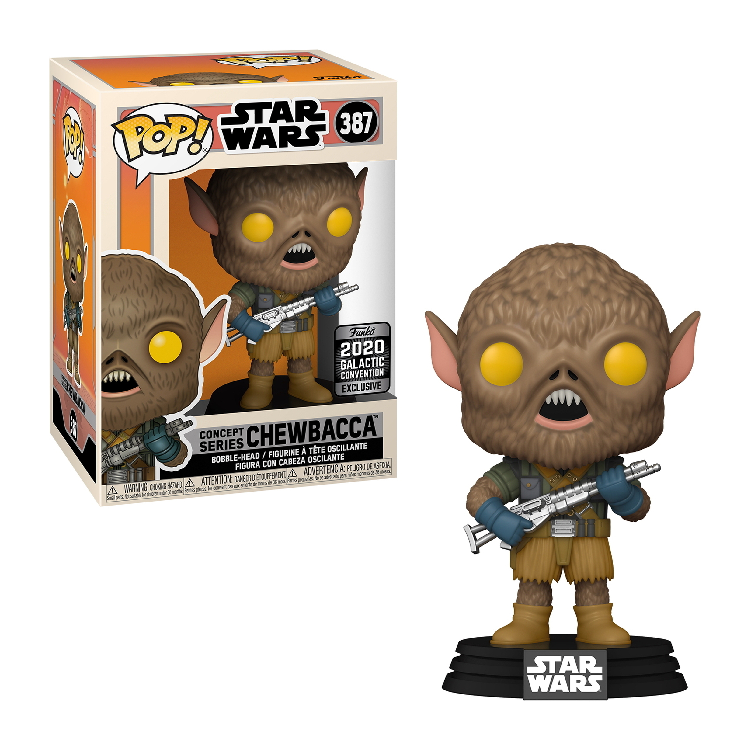 Eine braune Chewbacca-Figur mit einer Waffe und eine Star Wars-Box.
