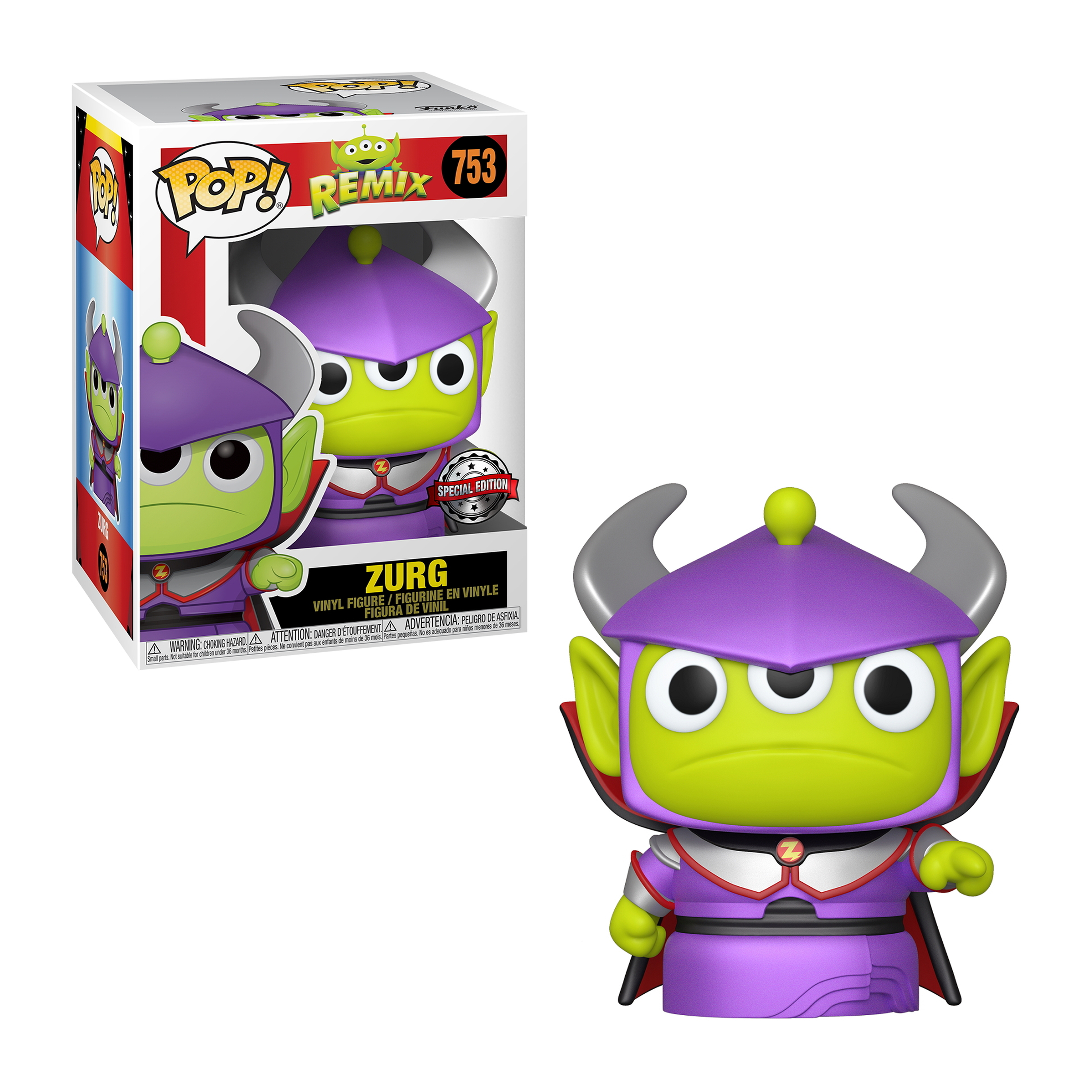 Zurg-Spielfigur in der Box. Grüner Außerirdischer mit lila Rüstung und Hörnern.
