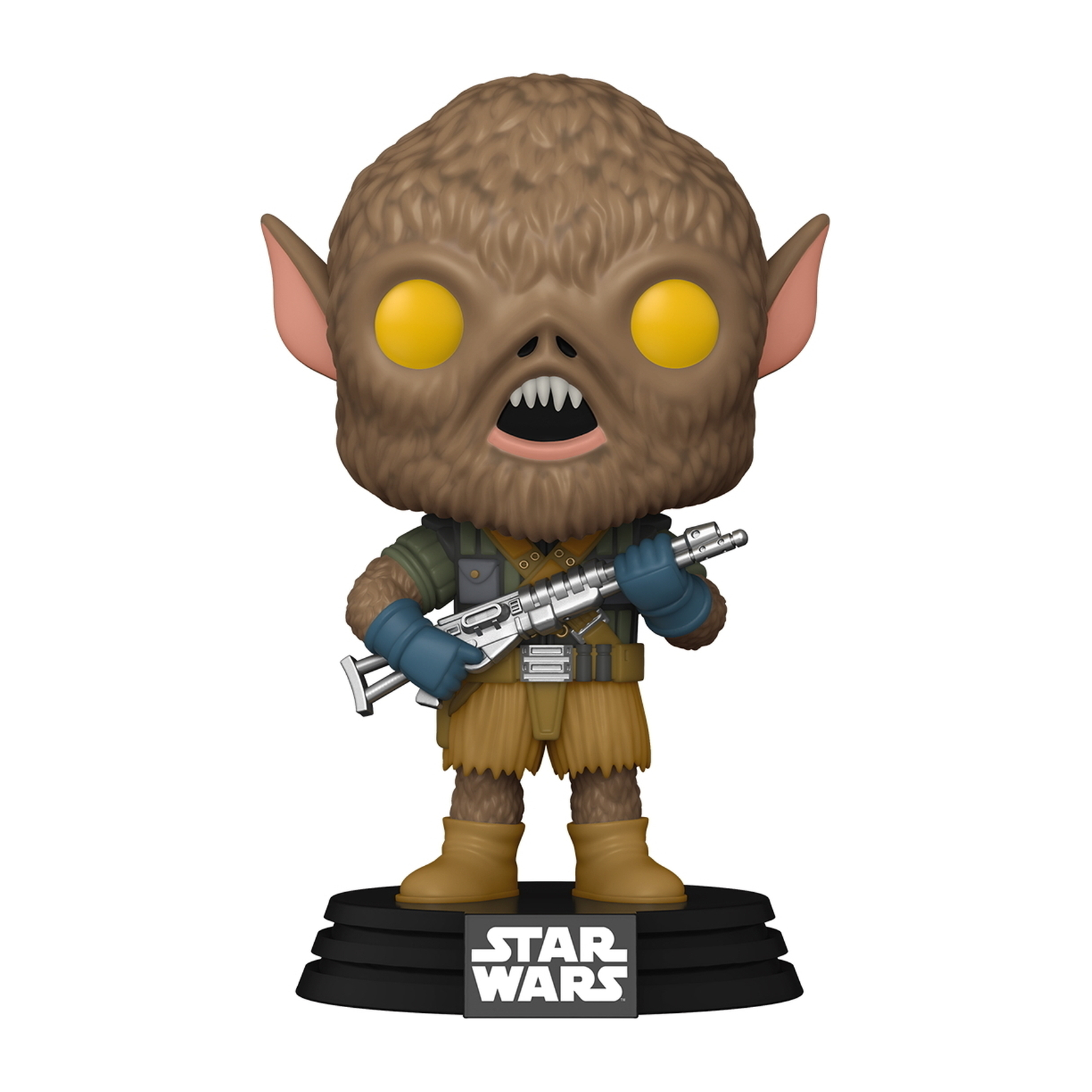 Ein pelziges Wesen mit gelben Augen und einer Waffe. Es steht auf einer schwarzen Basis. Die Figur ist aus Star Wars.