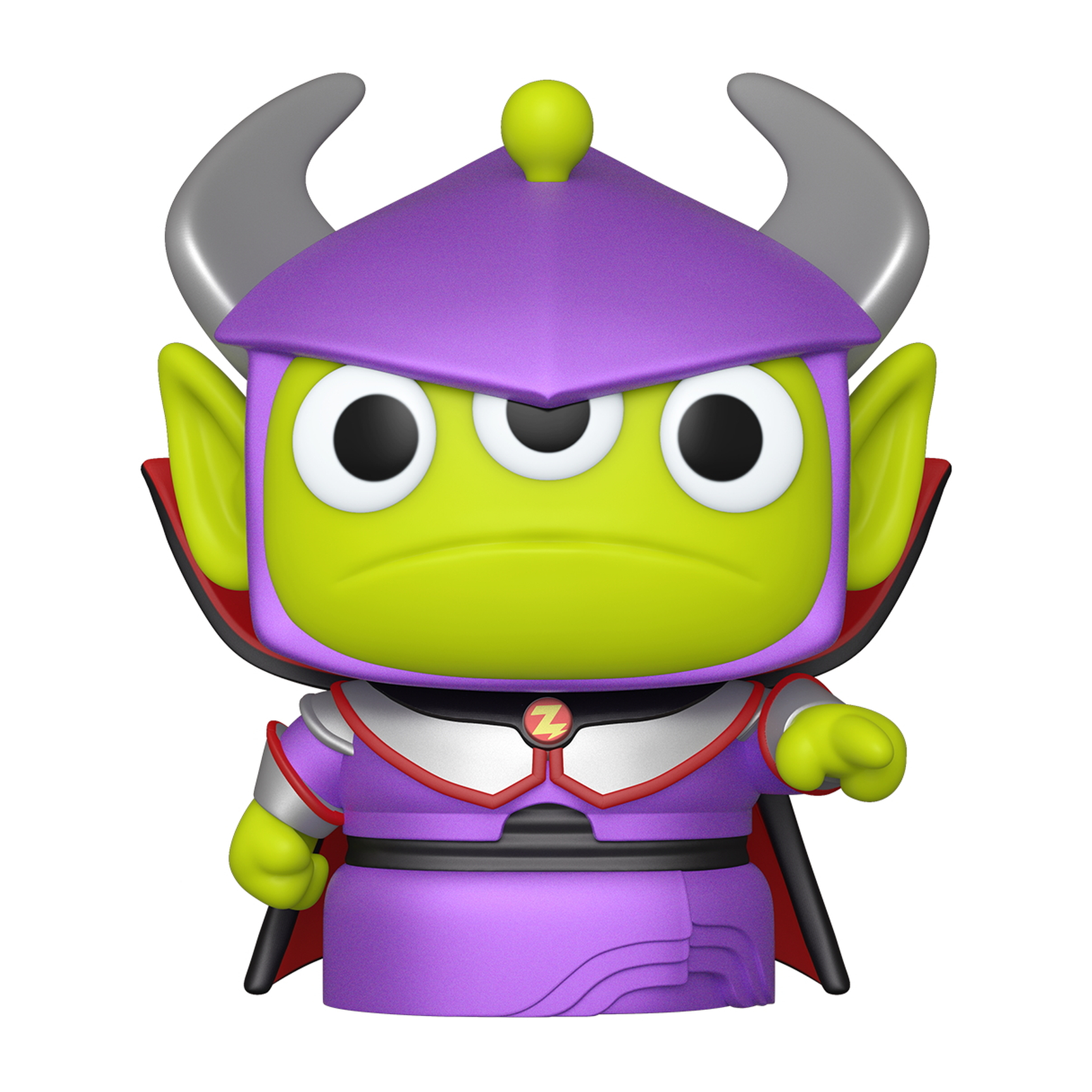 Zurg Funko Pop Figur. Grüner Alien in lila Rüstung, mit Hörnern und rotem Umhang, mit drei Augen.