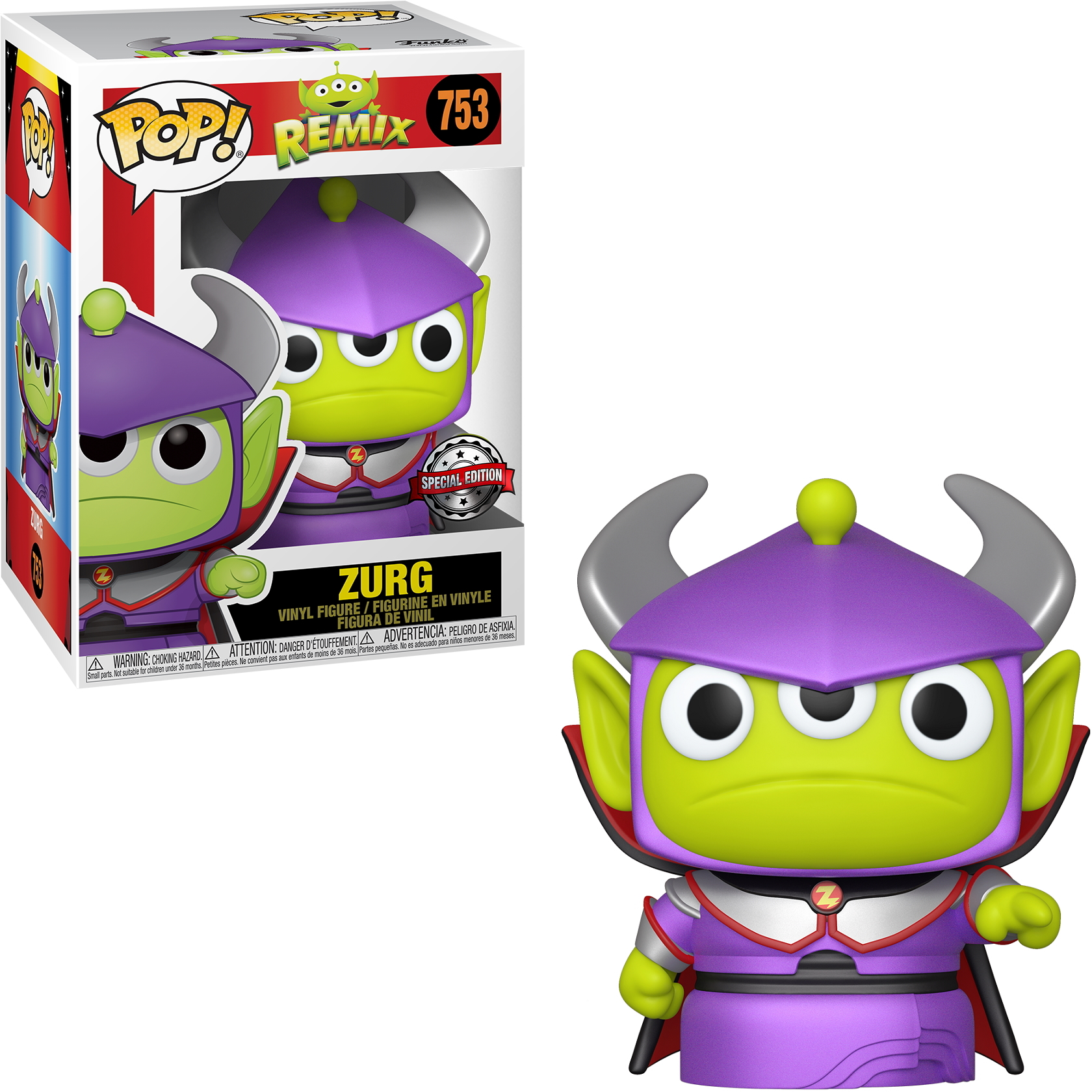 Zurg Figur mit lila Helm und Umhang, trägt einen grünen Körper, mit drei Augen.