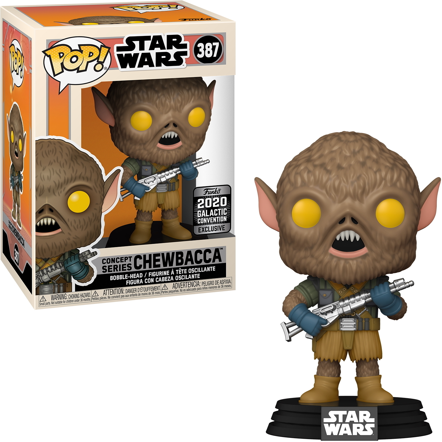 Chewbacca Funko Pop Figur mit Blaster in einer Star Wars Box.