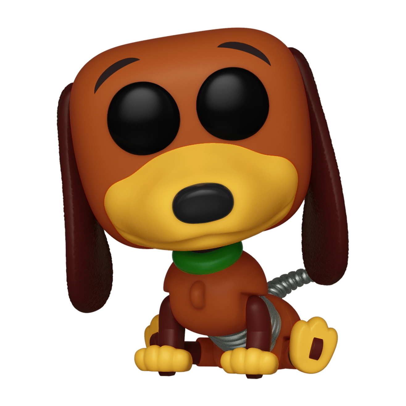 Slinky Dog z Toy Story. Brązowa i żółta figurka psa w pozycji siedzącej, z zieloną obrożą.
