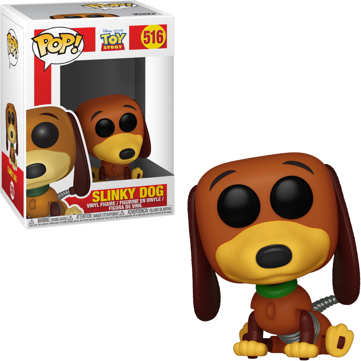 Zabawka Slinky Dog z brązowym korpusem, żółtą twarzą i zielonym kołnierzem. Pudełko w tle.