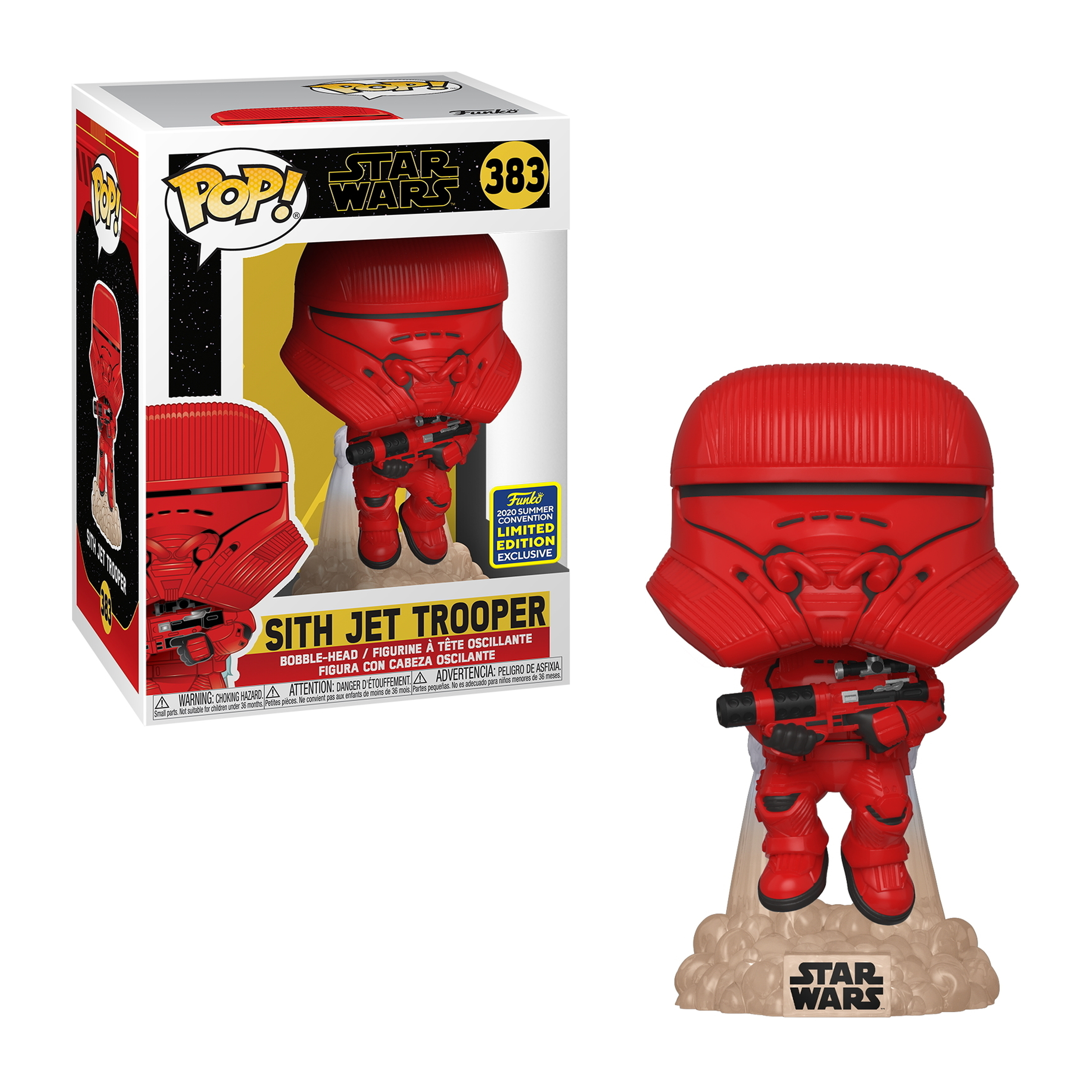 Sith Jet Trooper Figur mit einer Waffe. Die Box zeigt eine ähnliche Figur. Die Figur ist Star Wars.
