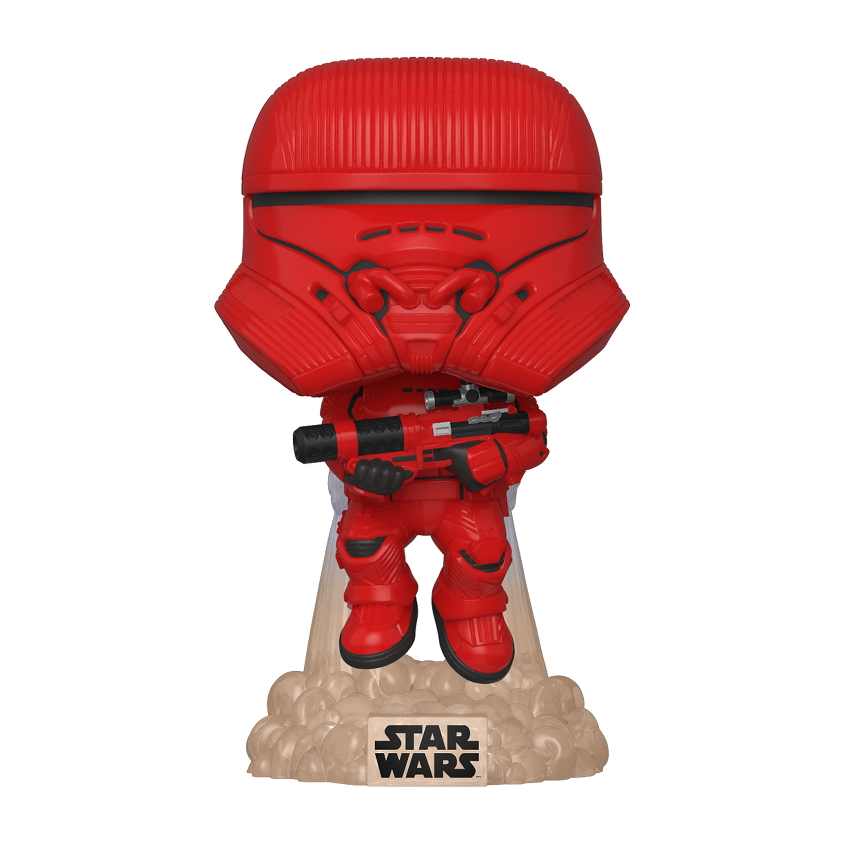 Eine rote Funko Pop Figur eines Star Wars Sith Troopers mit einem Blaster. Sie steht auf einer hellbraunen Basis.