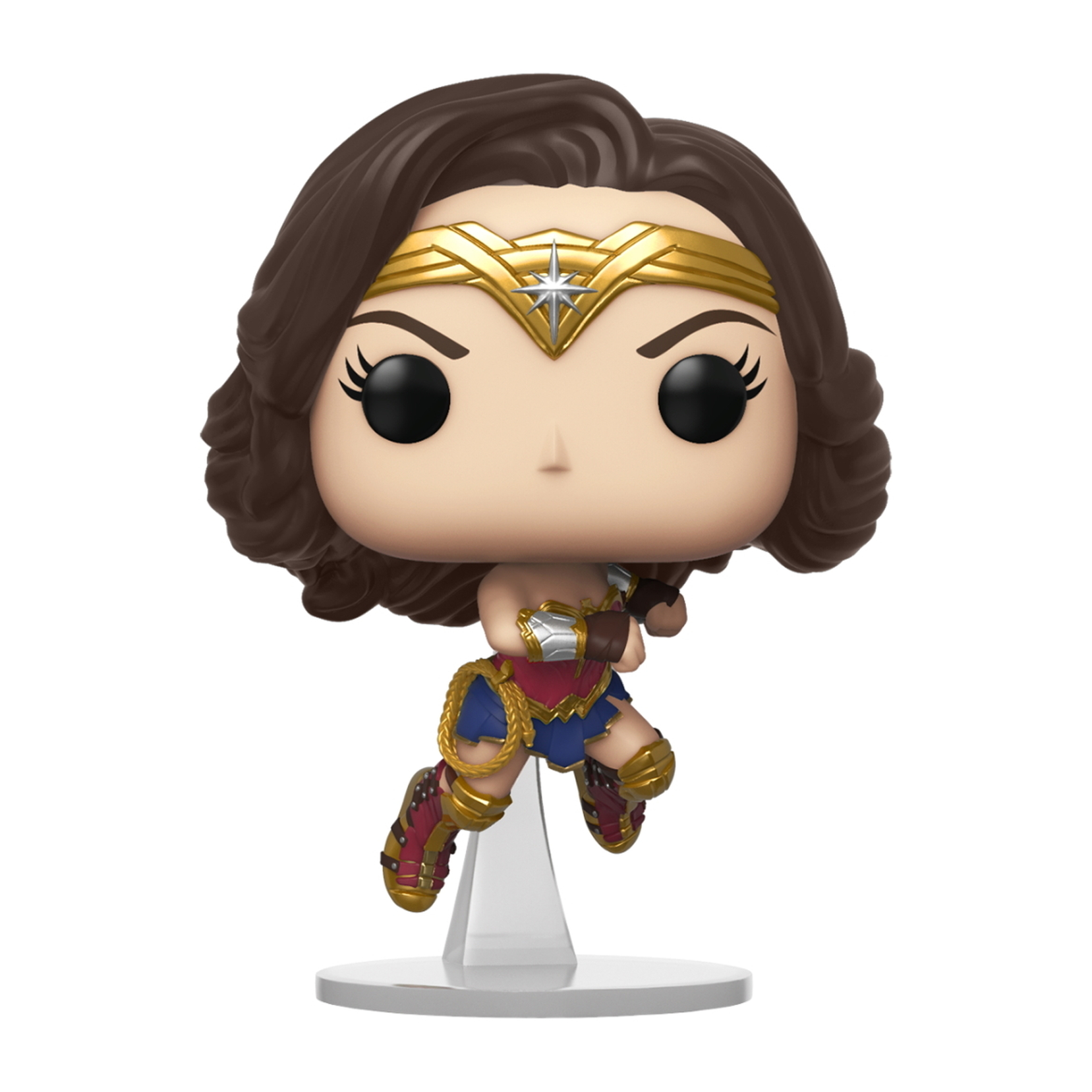 Wonder Woman Funko Pop Figur. Laufpose, goldener Kopfschmuck, rotes und blaues Outfit, mit Basis.