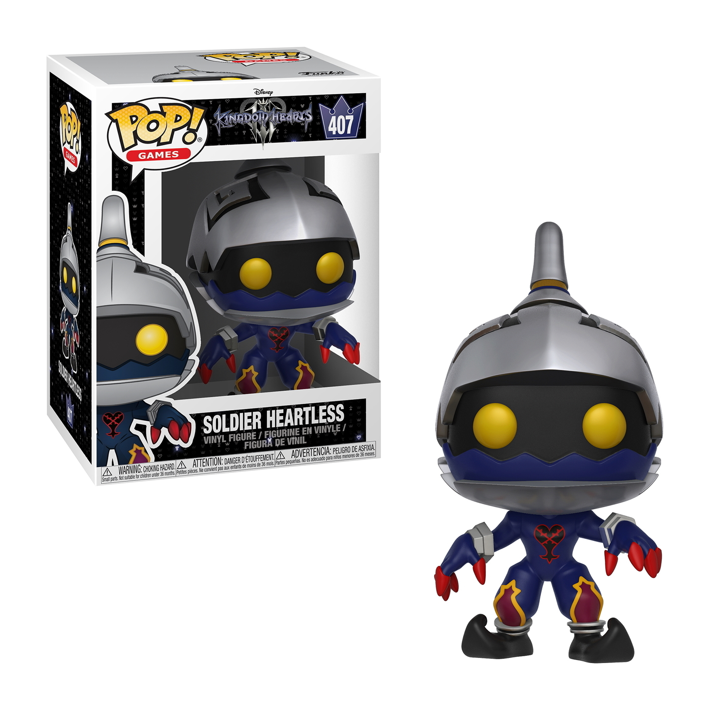 Eine Soldier Heartless Figur aus Kingdom Hearts. Es ist eine blaue und silberne Figur mit gelben Augen.