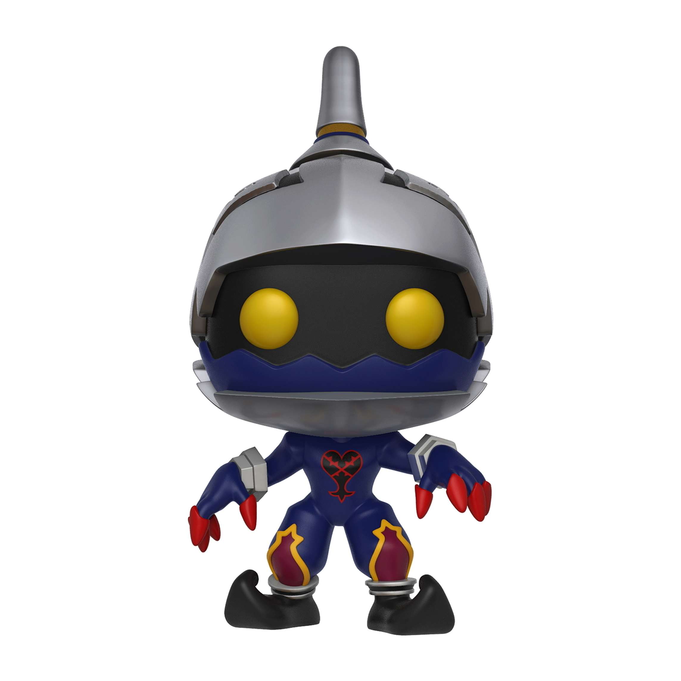 Kingdom Hearts Herzloser Soldat Pop Figur. Silberner Helm, schwarzer Körper, rote Hände. Box im Hintergrund.