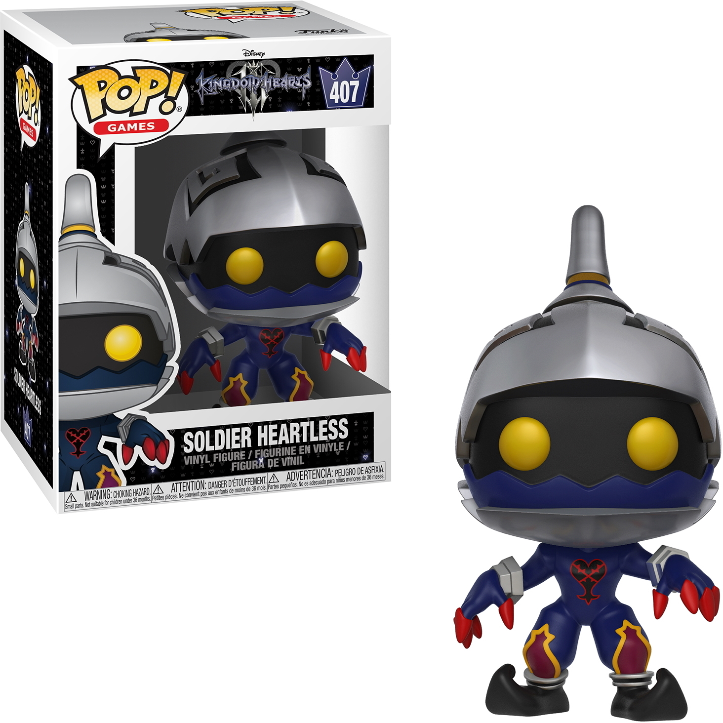 Soldier Heartless-Figur. Es hat einen silbernen Helm, rote Hände und einen blauen Körper. Es hat gelbe Augen.